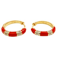 New 10k Yellow Gold Coral Enamel & .13 carat Diamond Bamboo Hoop Earrings
