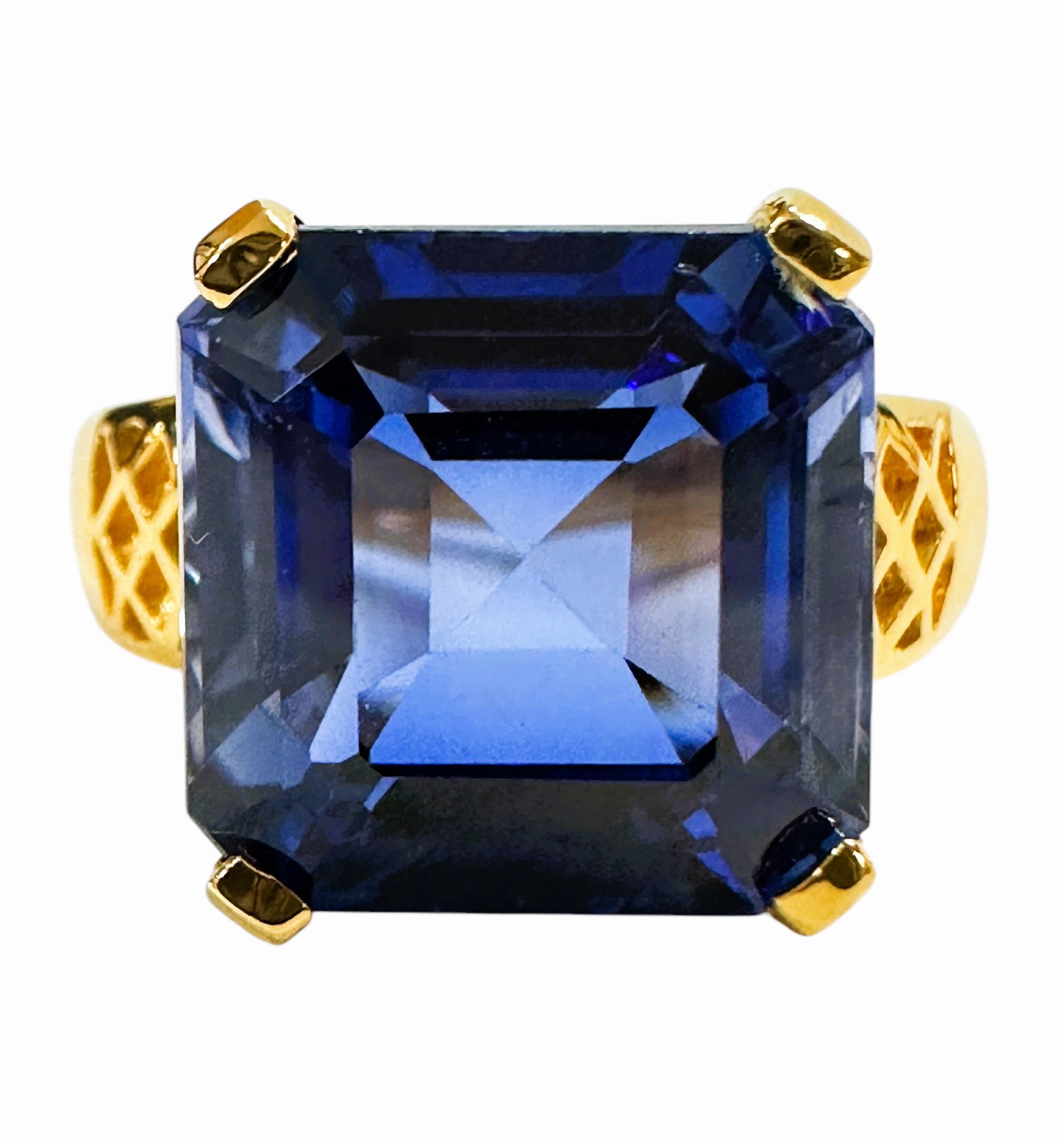 The ring is a size 6. The stone is from Sri Lanka. It is a beautiful radiant cut stone and is 11 carats.  It is a very high quality stone.  It measures 12 x 12 mm.   It is set in a gorgeous diamond cut Yellow Gold Plated Sterling Silver band.  Sure