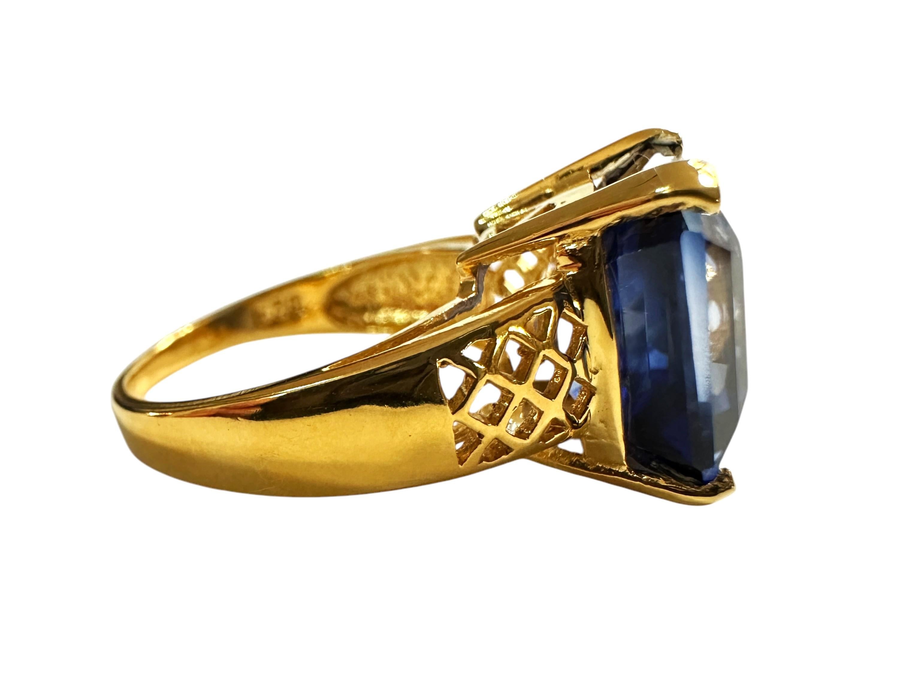 Radiant Cut New 11.0 Carat Blue Sapphire & Diamond Cut Yellow Gold PL Sterling Silver Ring For Sale