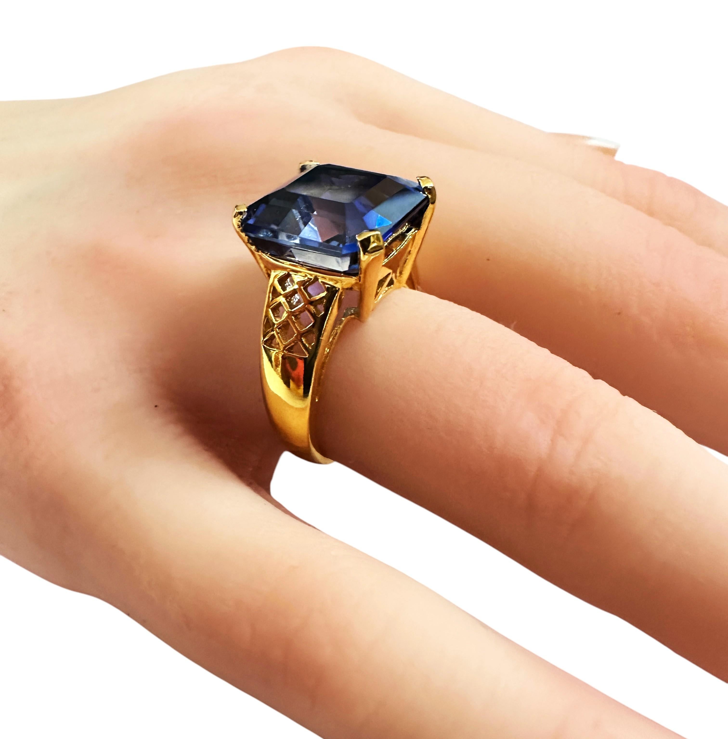 New 11.0 Carat Blue Sapphire & Diamond Cut Yellow Gold PL Sterling Silver Ring In New Condition For Sale In Eagan, MN