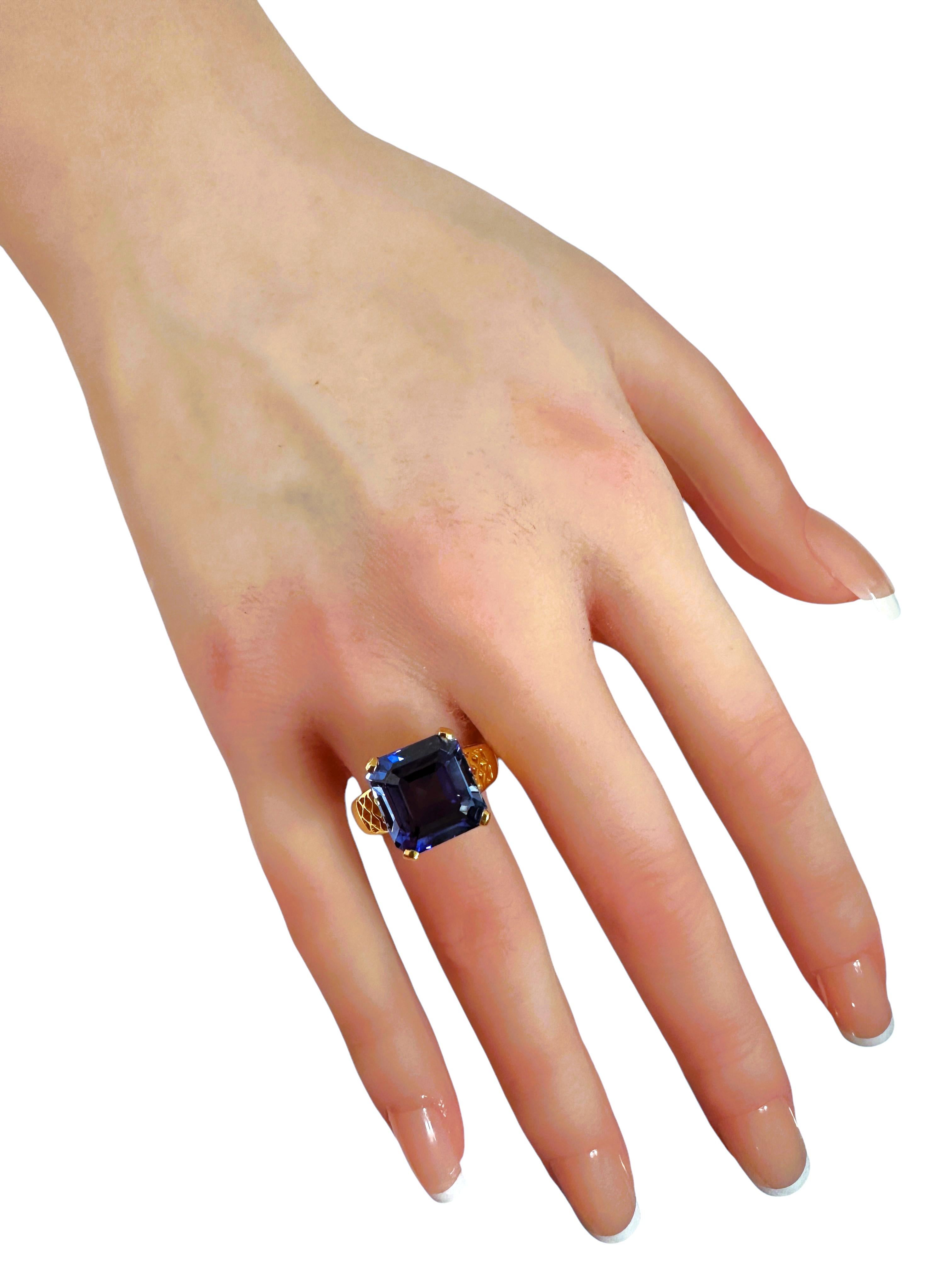 Women's New 11.0 Carat Blue Sapphire & Diamond Cut Yellow Gold PL Sterling Silver Ring For Sale