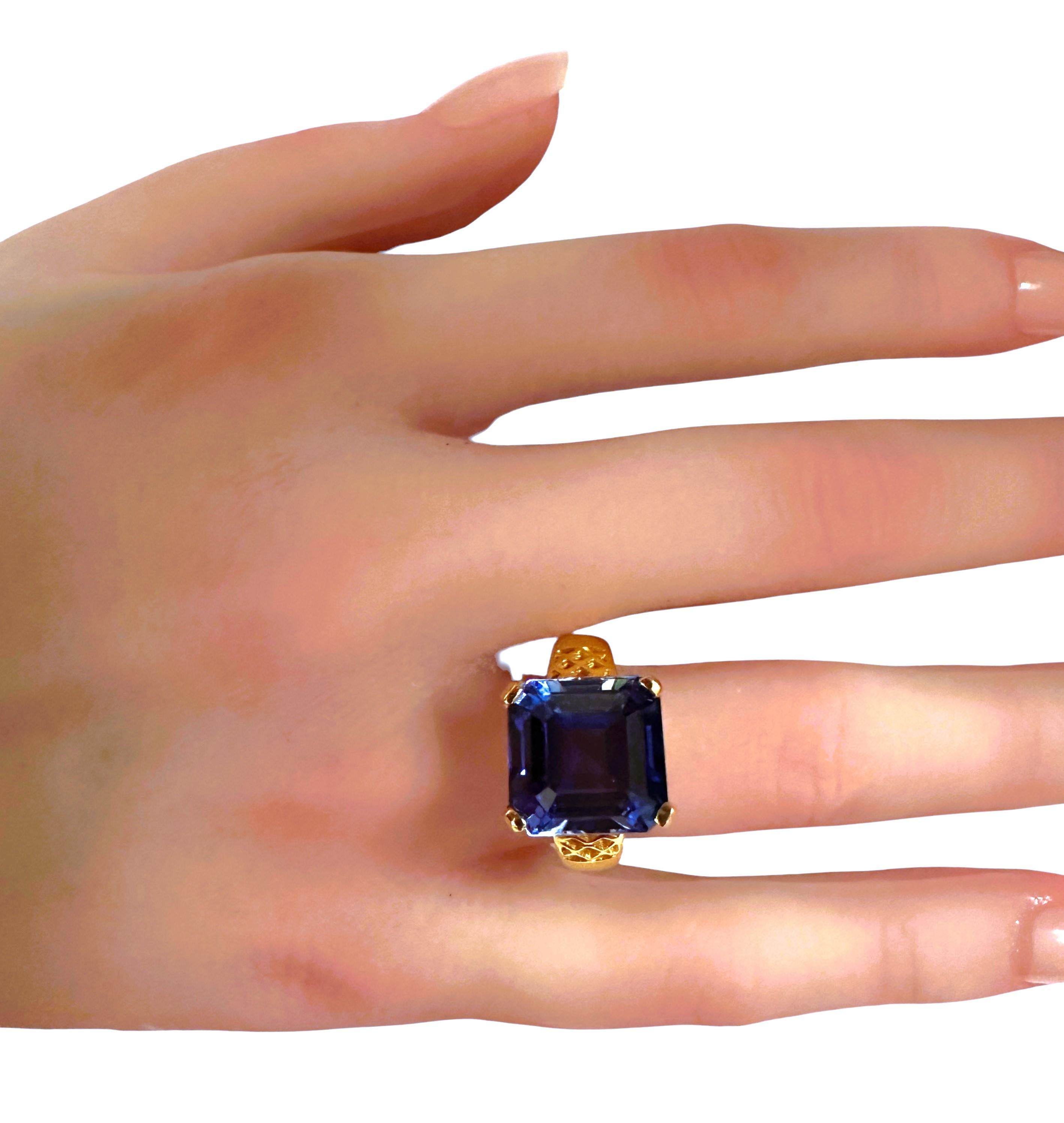 New 11.0 Carat Blue Sapphire & Diamond Cut Yellow Gold PL Sterling Silver Ring For Sale 2