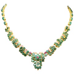 New 11.05 Carat Emerald & .1 Ruby 14k Yellow Gold PL Sterling Necklace