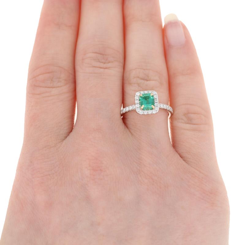 1.10 Carat Emerald and Diamond Ring, 14 Karat White Gold Halo In New Condition In Greensboro, NC