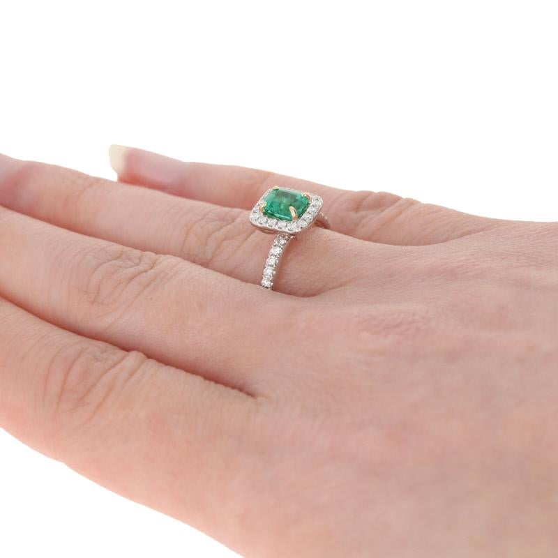 Women's 1.10 Carat Emerald and Diamond Ring, 14 Karat White Gold Halo