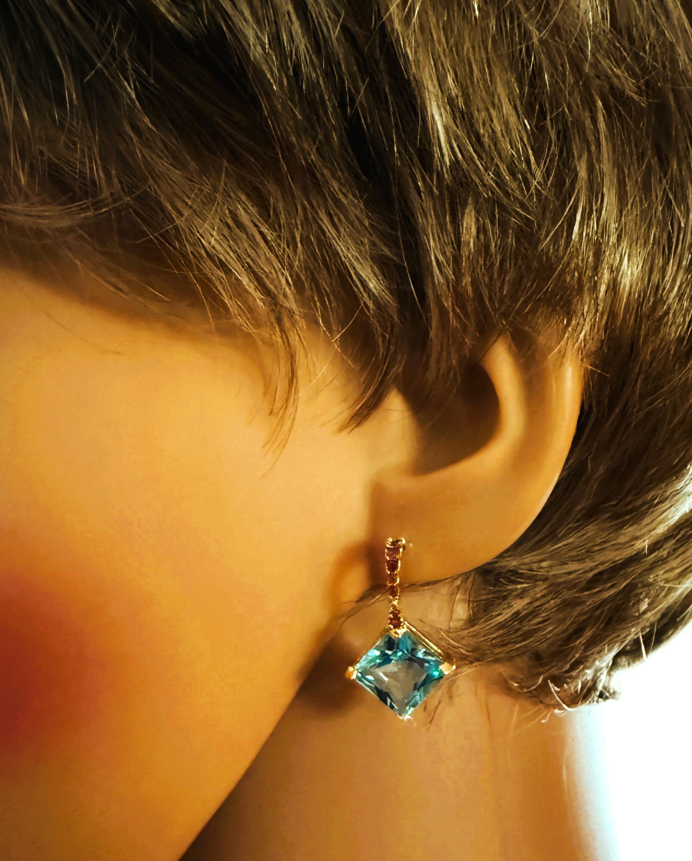 Neu 11,24 Karat Blautopas & Diamantschliff Granat Post Y Gold PL Sterling Ohrringe im Zustand „Hervorragend“ im Angebot in Eagan, MN