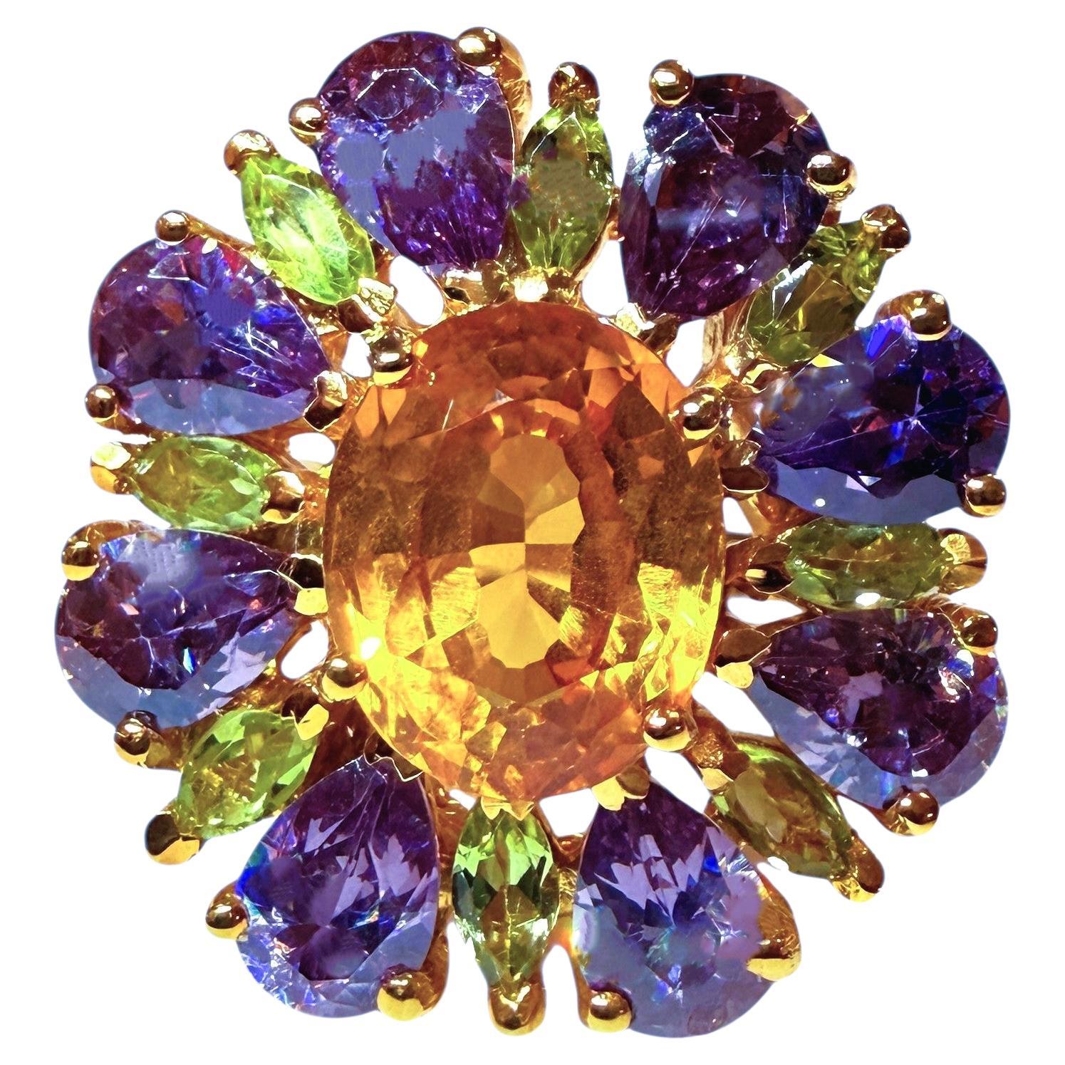 New 11.38 Carat Multi-Gemstone Sunburst Yellow Gold PL Sterling Ring Size 6.75 en vente