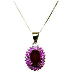 New 1.14 Carat Red Ruby Cabochon & Diamond Cut Ruby Sterling Pendant Necklace