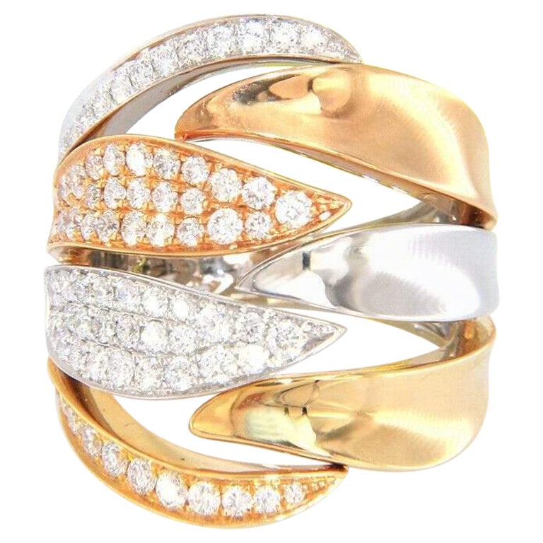 Neu 1,14ctw Pave Diamond Tri-Tone Leaf Wide Ring in 14K im Angebot