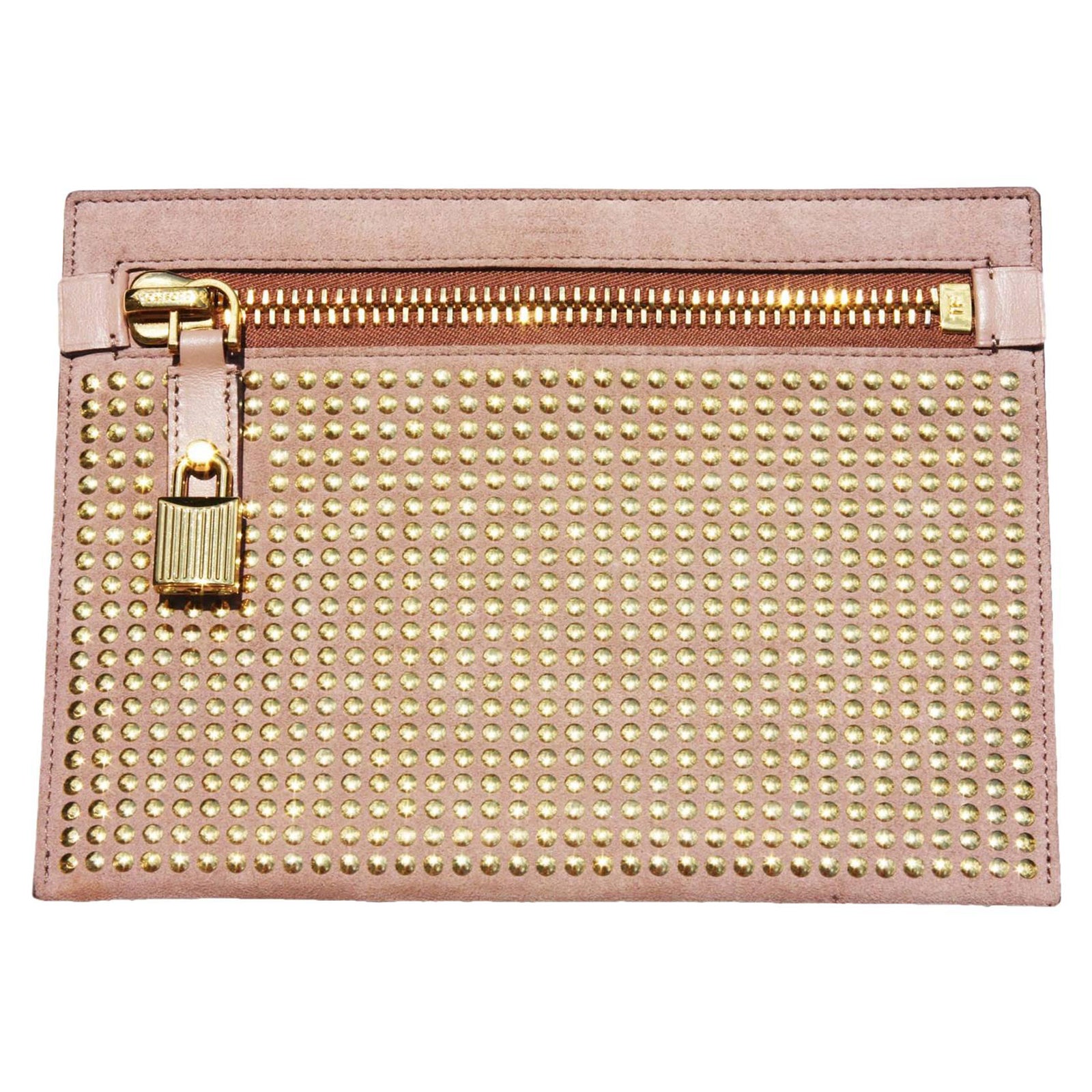 New $1190 Tom Ford Alix Suede Nude/Gold Studded Pouch Clutch Bag with Lock
