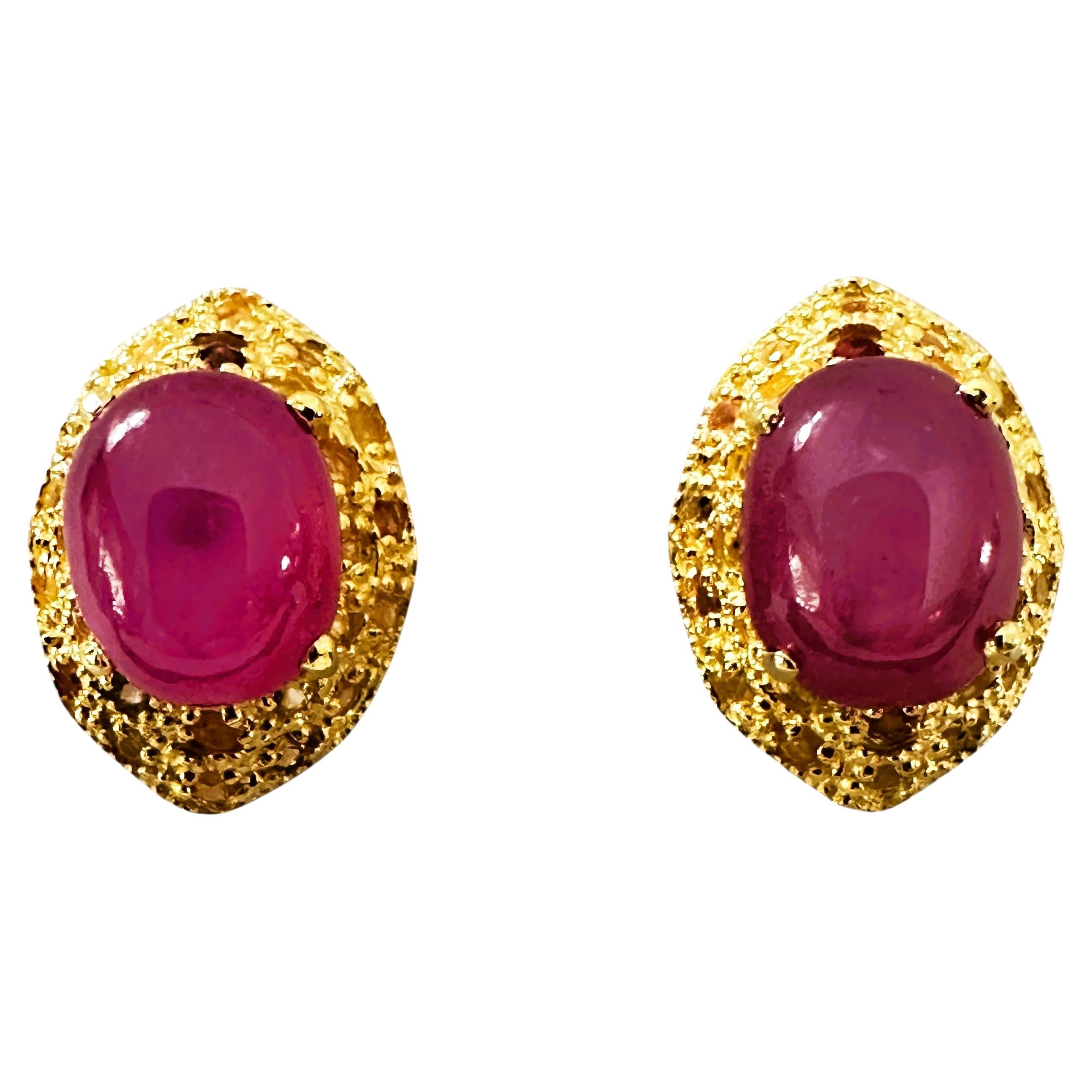 New  1.2 Carat Ruby Cabochon & Diamond cut Sapphire Y Gold PL Sterling Earrings