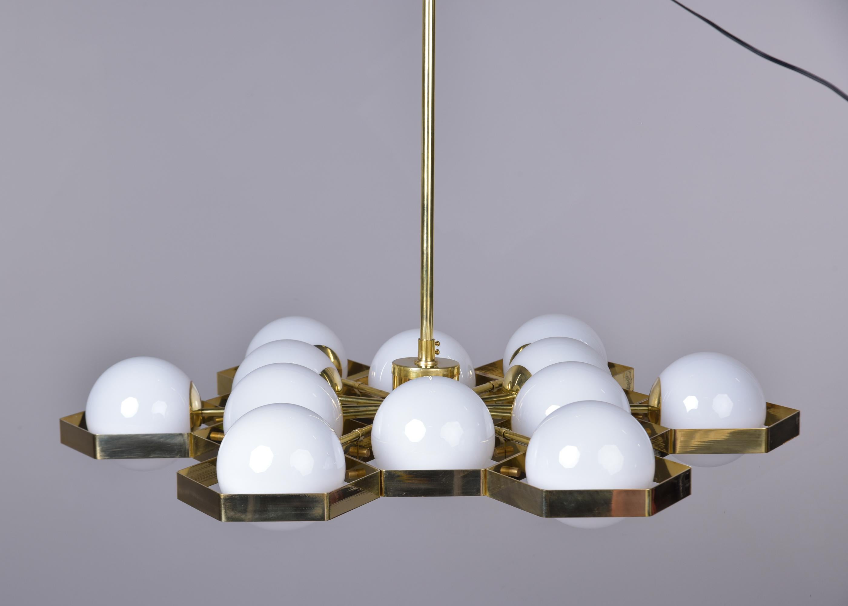 New 12 Light Italian Fixture with Honeycomb Brass Frame and White Globes  5