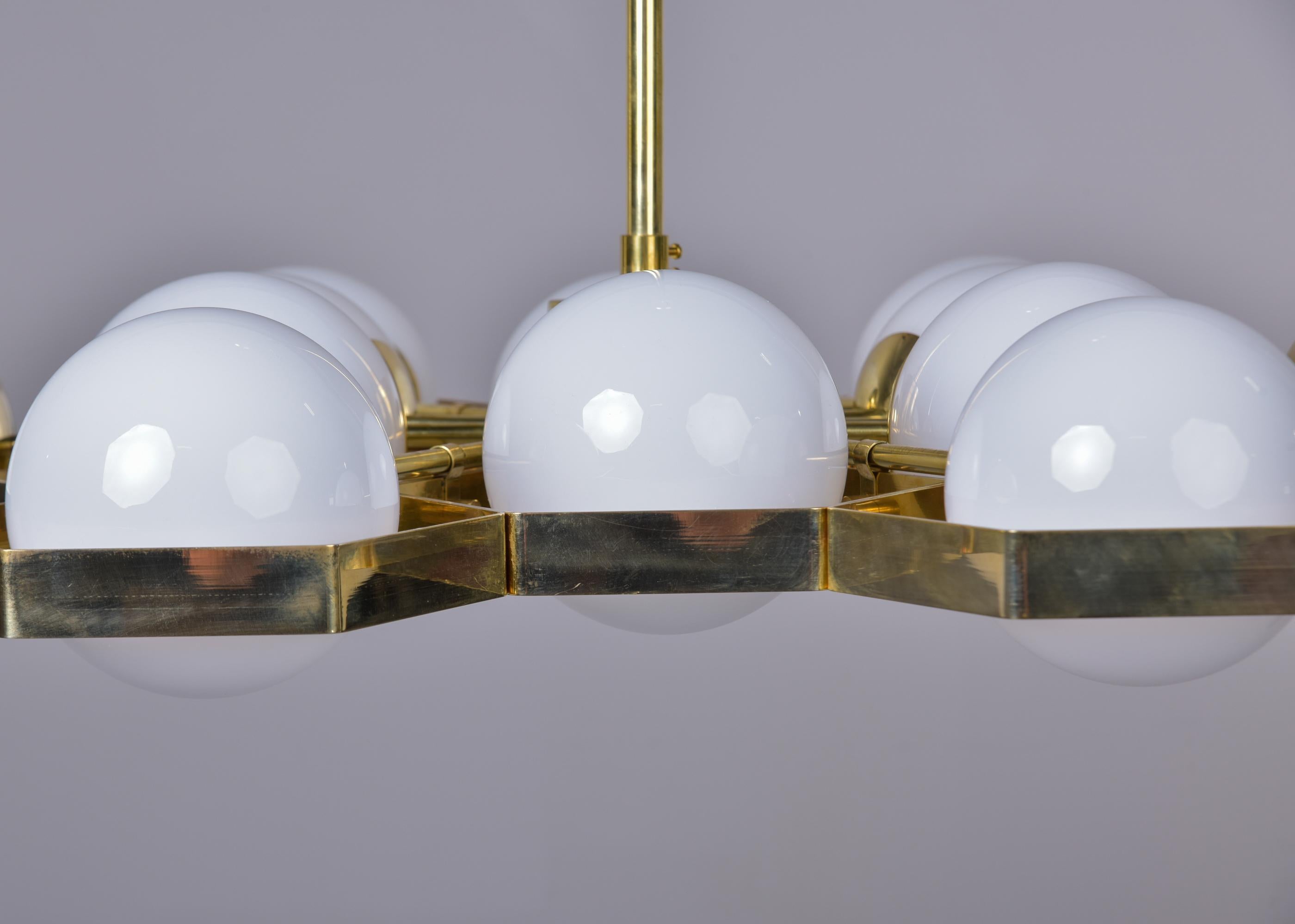 New 12 Light Italian Fixture with Honeycomb Brass Frame and White Globes  6