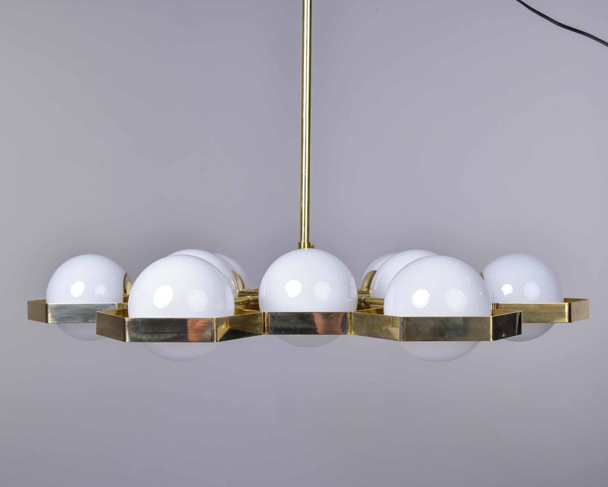 New 12 Light Italian Fixture with Honeycomb Brass Frame and White Globes  8
