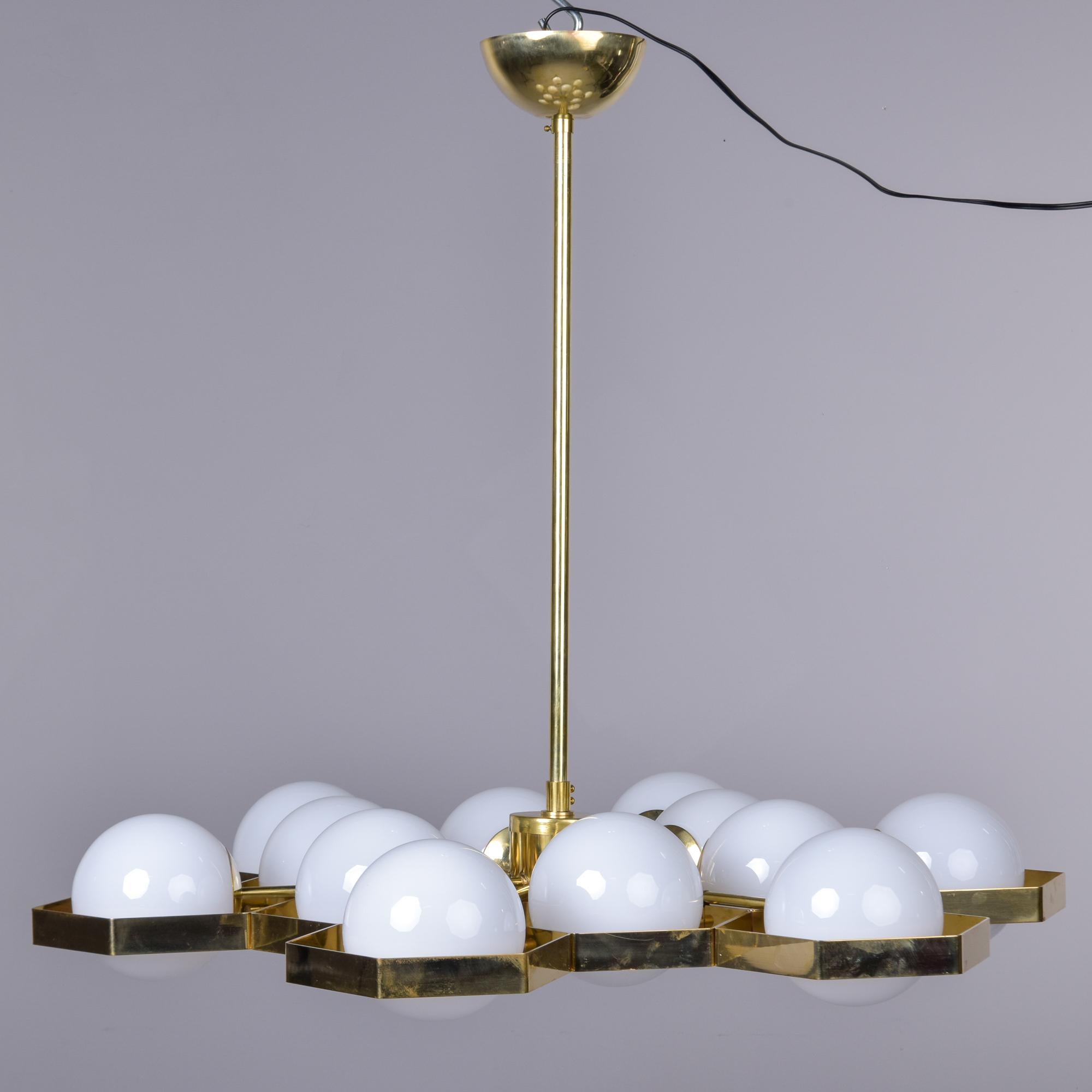 Mid-Century Modern New 12 Light Italian Fixture with Honeycomb Brass Frame and White Globes 