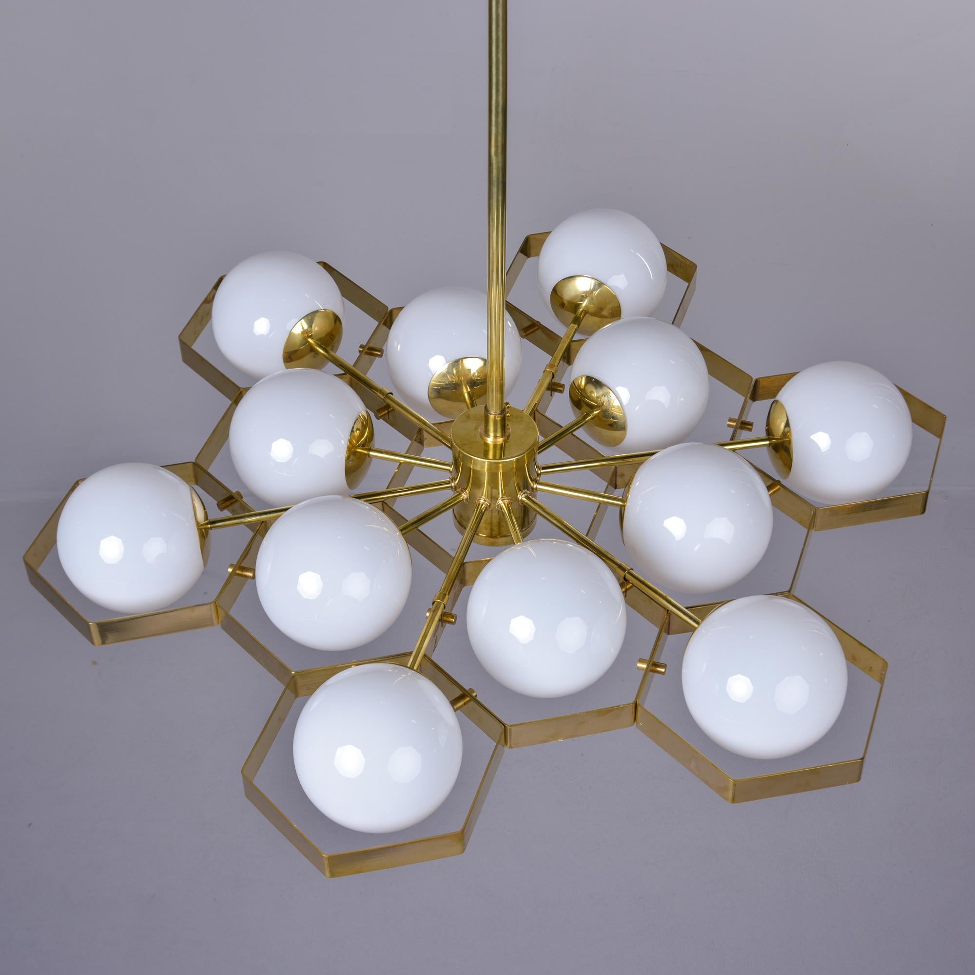 New 12 Light Italian Fixture with Honeycomb Brass Frame and White Globes  In New Condition In Troy, MI