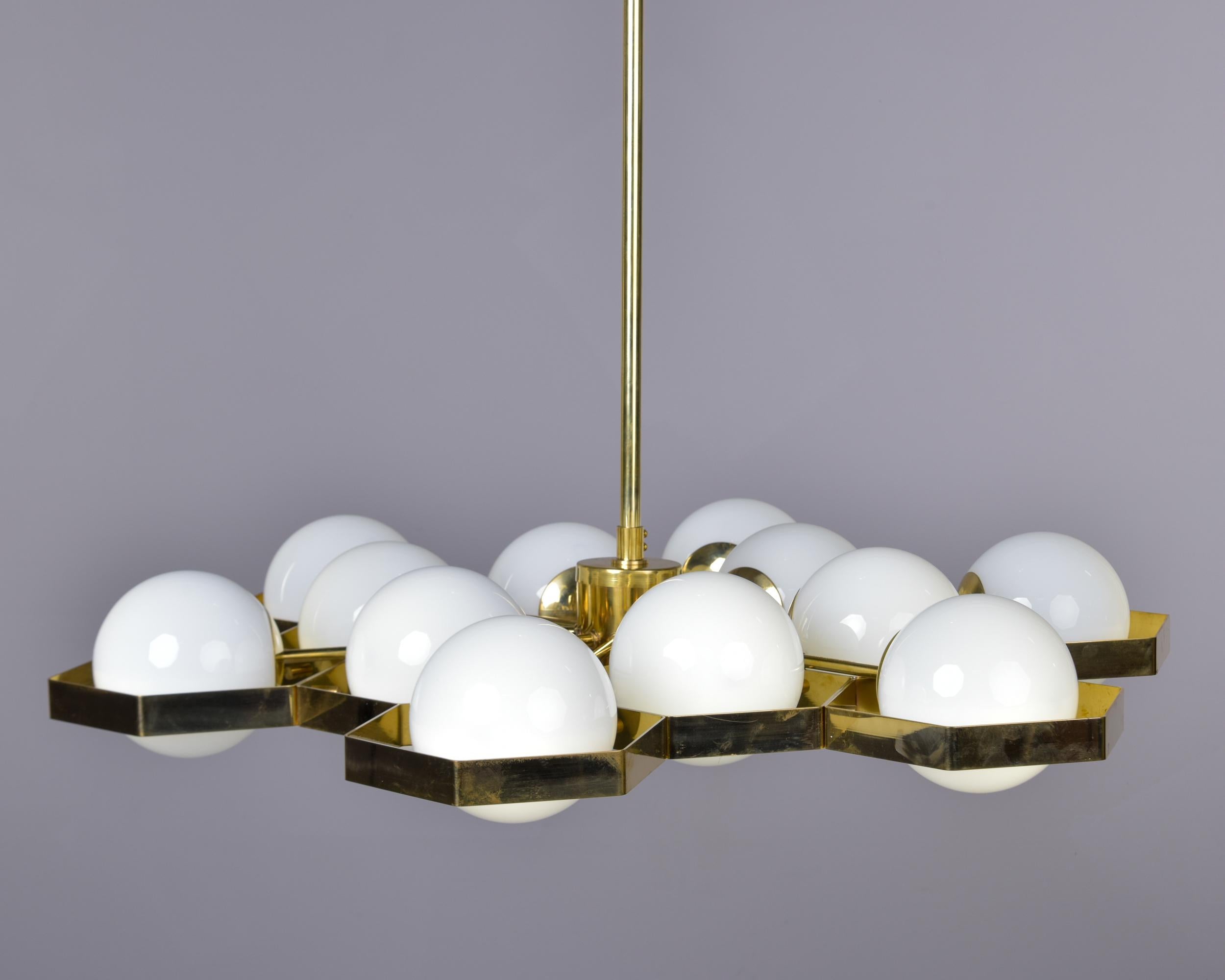 New 12 Light Italian Fixture with Honeycomb Brass Frame and White Globes  3