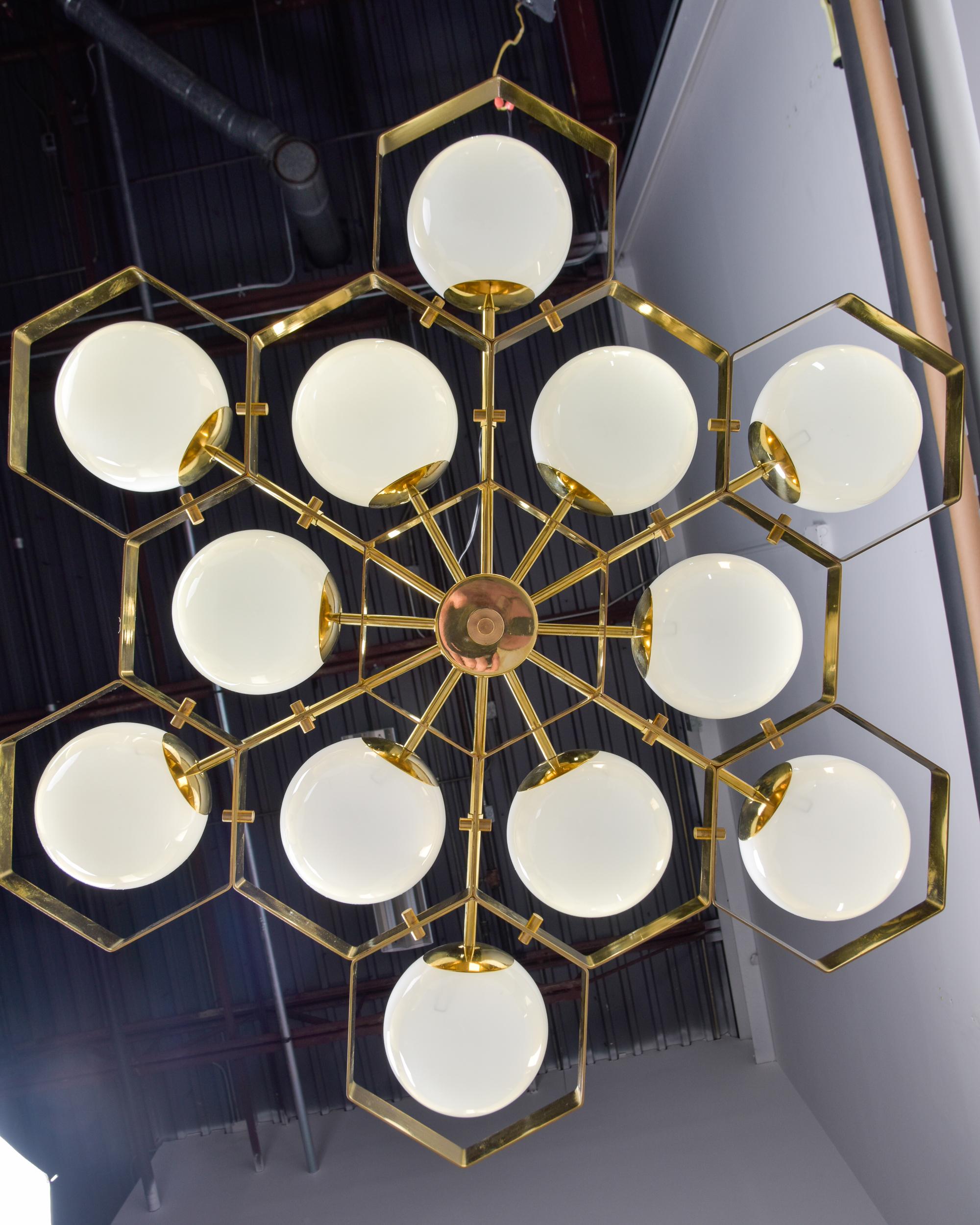 New 12 Light Italian Fixture with Honeycomb Brass Frame and White Globes  4