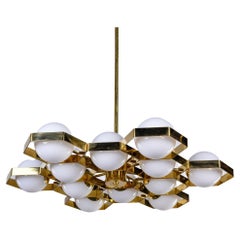 New 12 Light Italian Fixture with Honeycomb Brass Frame and White Globes 