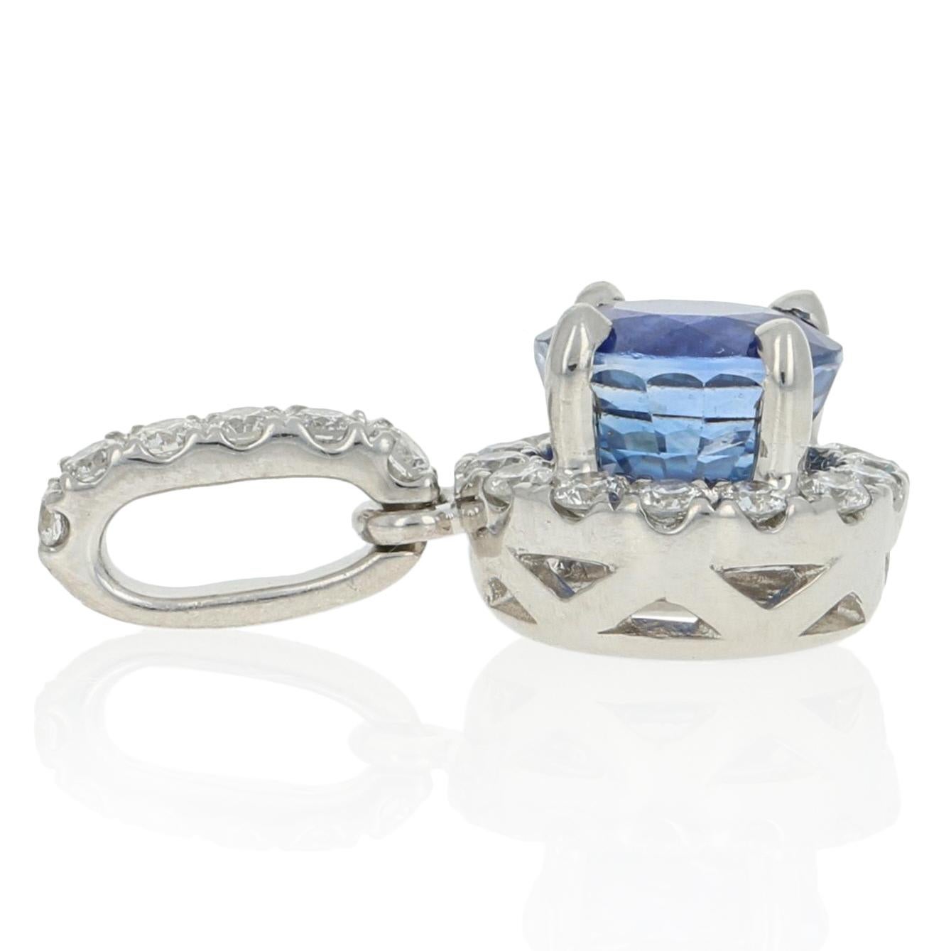 1.20 Carat Round Cut Sapphire and Diamond Pendant, 14 Karat White Gold Halo In New Condition For Sale In Greensboro, NC