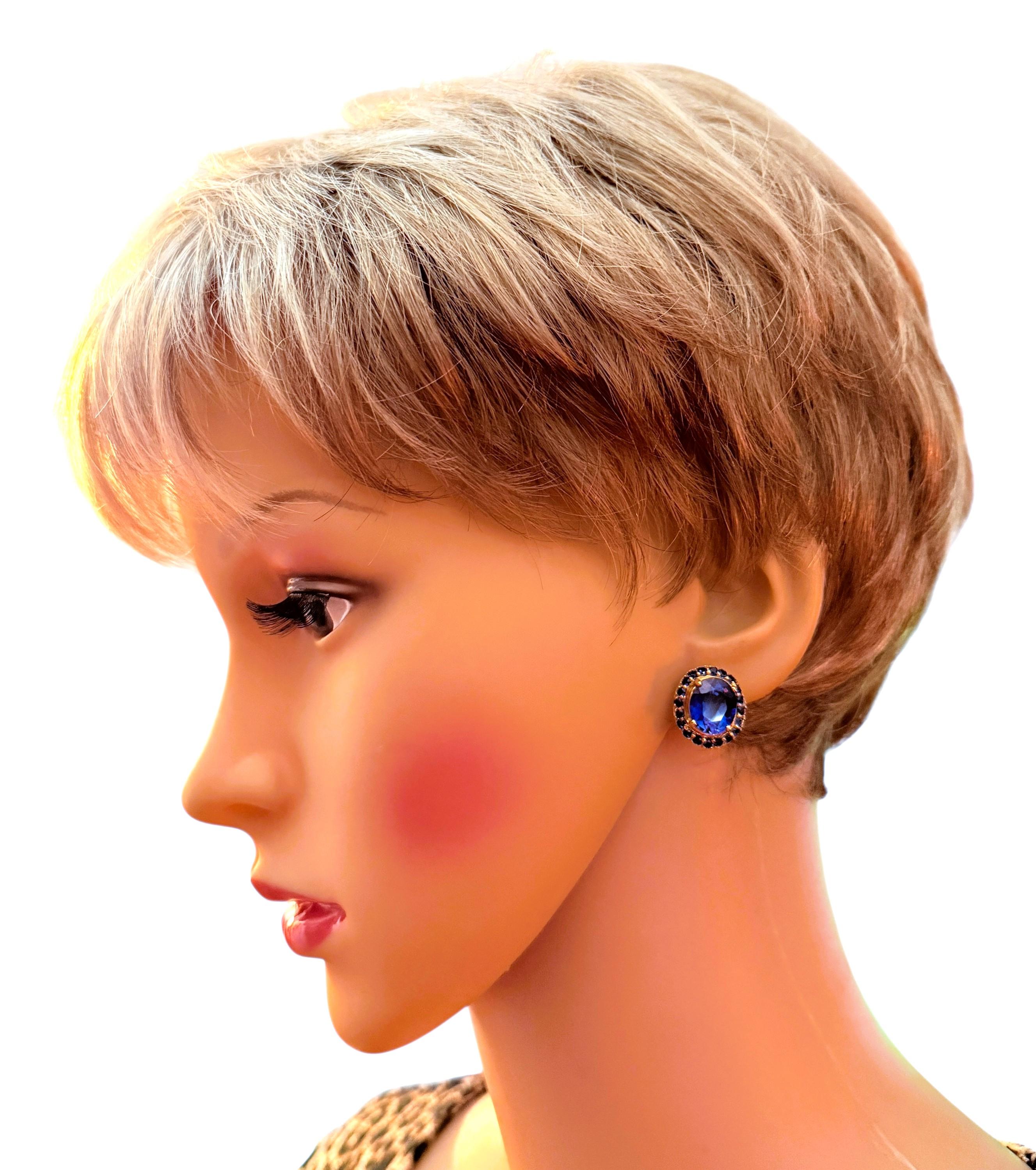 Nuevo Zafiro de 12,1 quilates y zafiro talla diamante 24k Y Pendientes de Oro PL Sterling Art Decó en venta