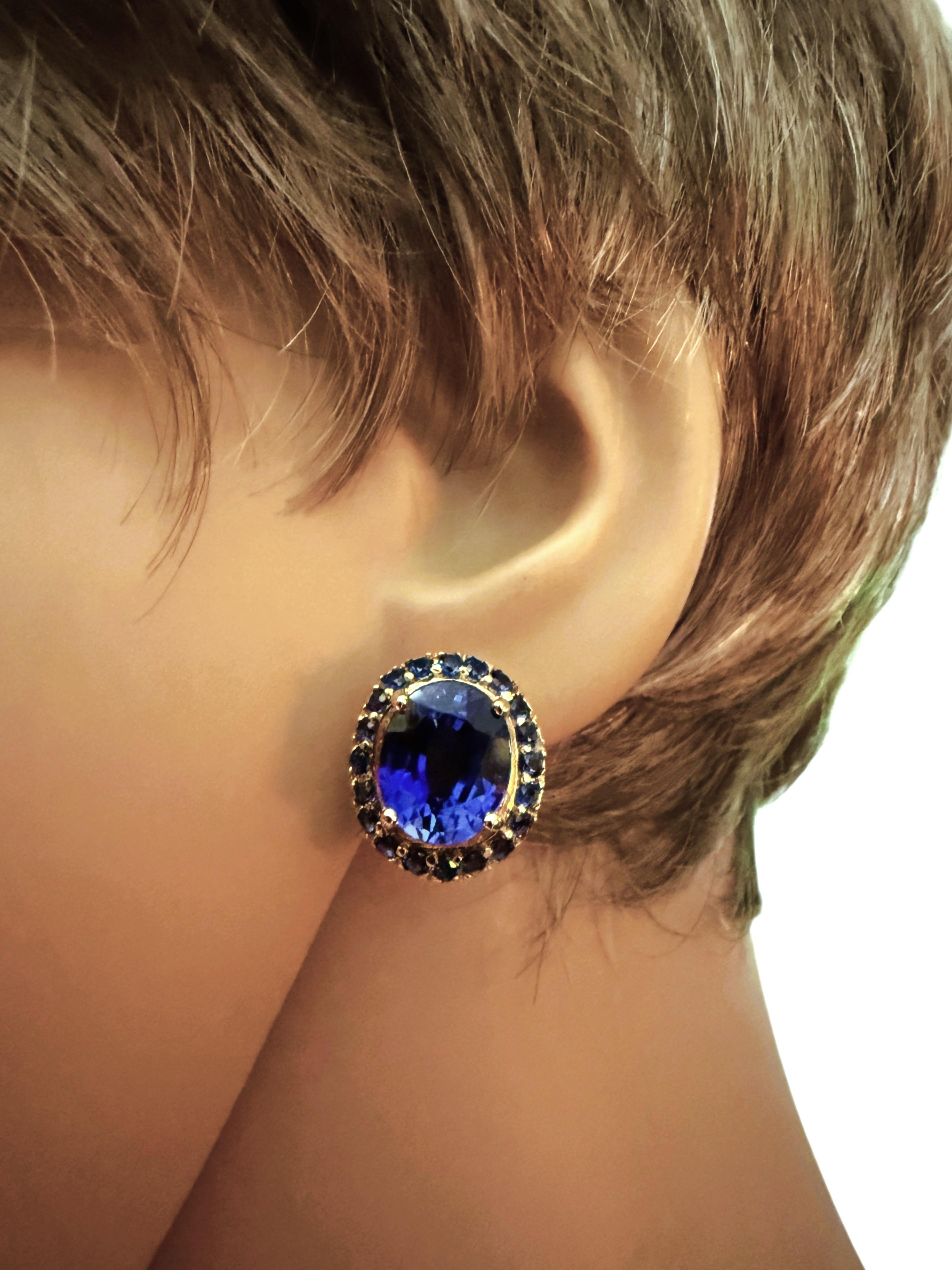 Nuevo Zafiro de 12,1 quilates y zafiro talla diamante 24k Y Pendientes de Oro PL Sterling Corte oval en venta