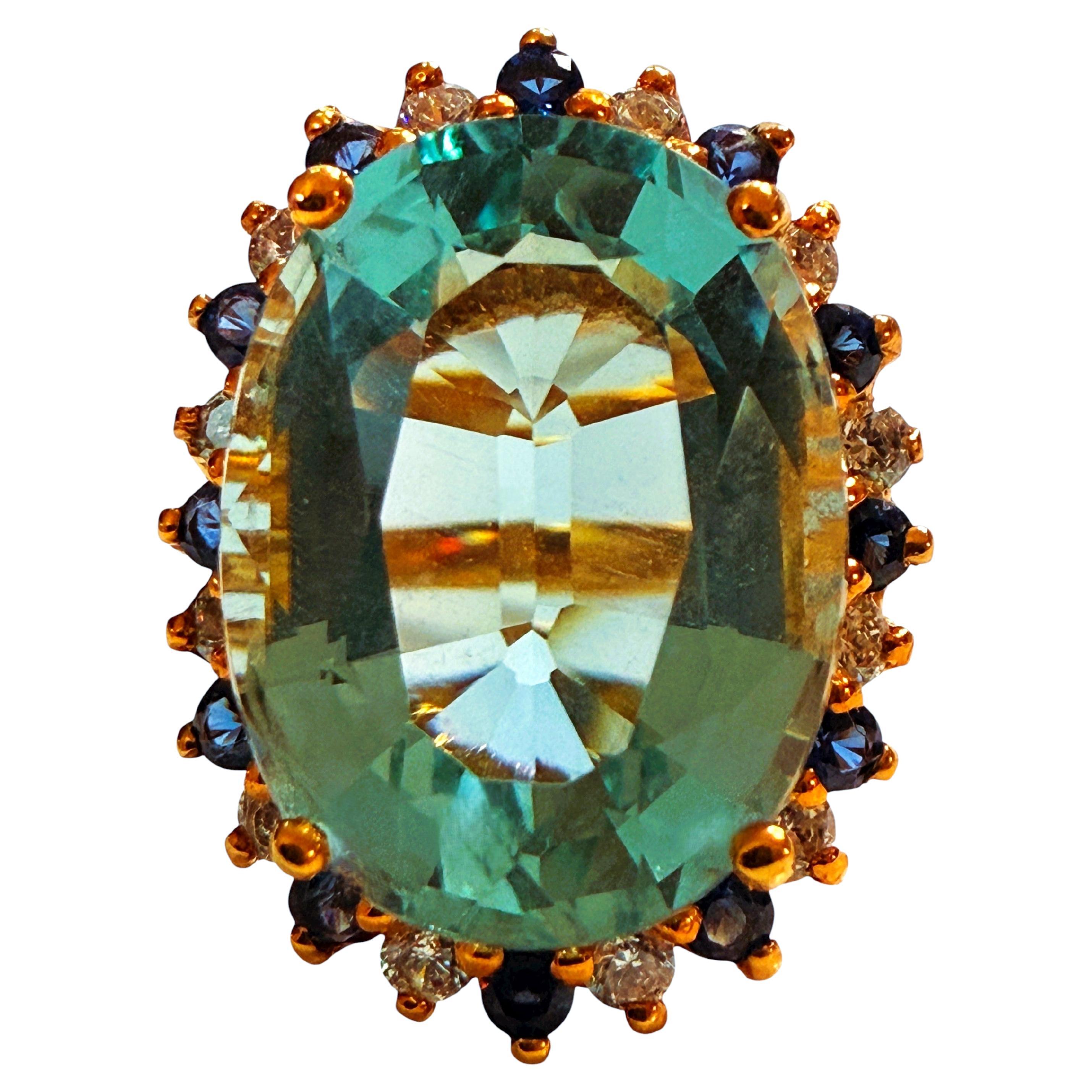 New 12.10 Carat Aquamarine 
Diamond Cut Sapphire Yellow Gold PL Sterling Ring