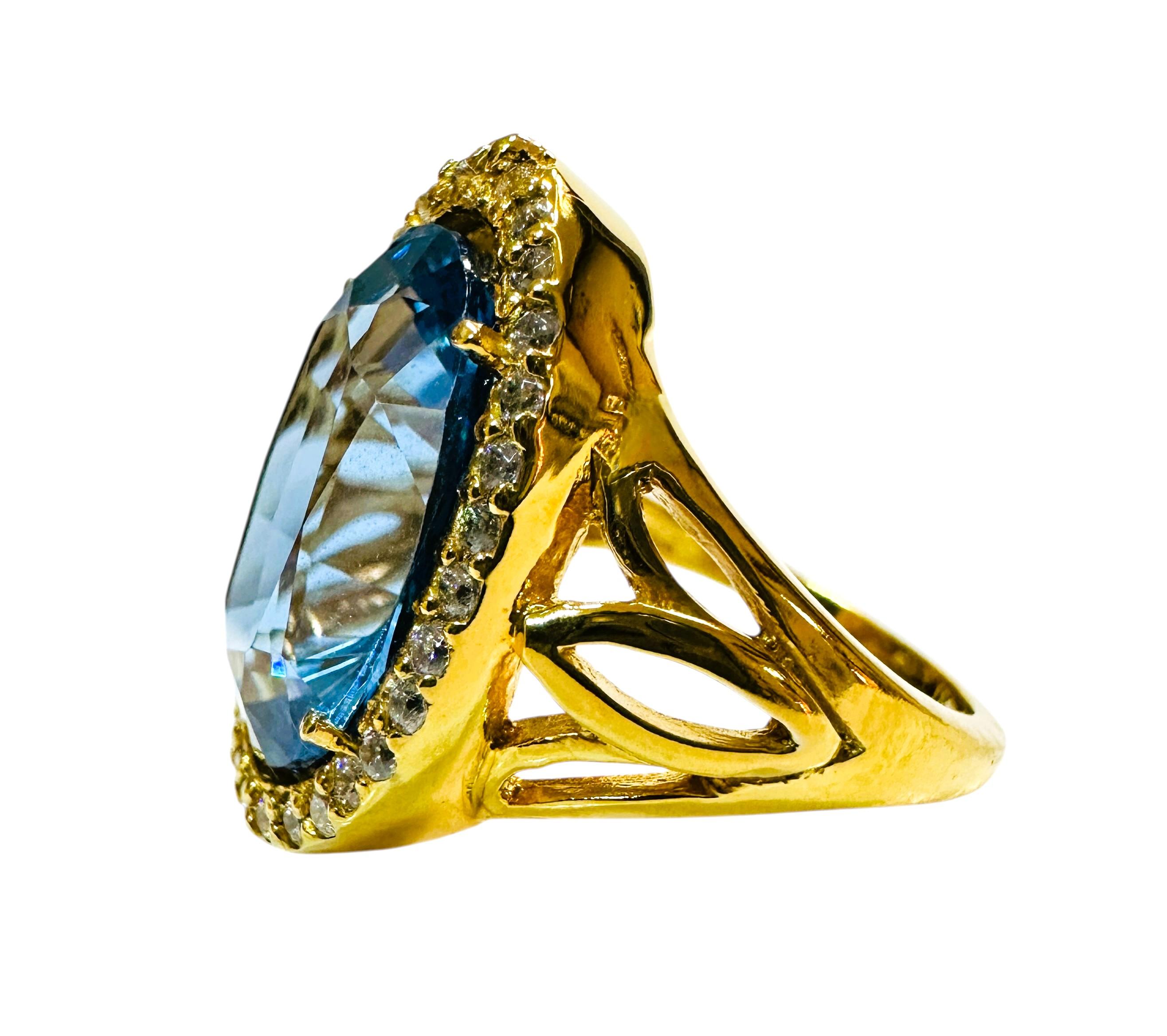 Art Deco New 12.25 Carat Blue Topaz & Diamond Cut Sapphire Y Gold PL Sterling Ring
