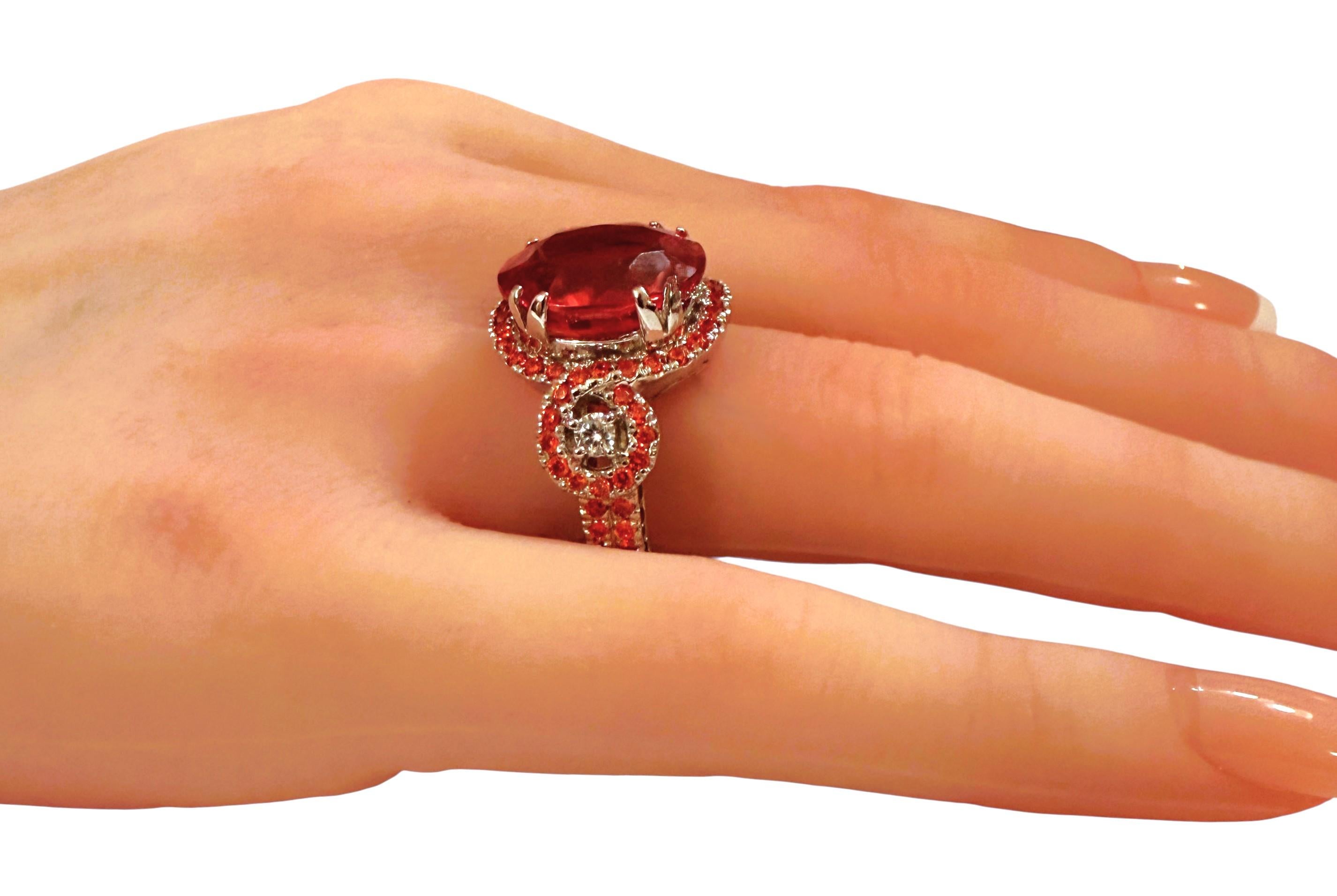 Neu 12,70 Karat Sunset Orange Saphir & Diamantschliff Saphir Sterling Ring (Ovalschliff) im Angebot