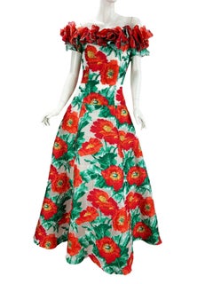 New $12990 Oscar De La Renta Poppy Flowers Off-Shoulder Corset Dress Gown US 6