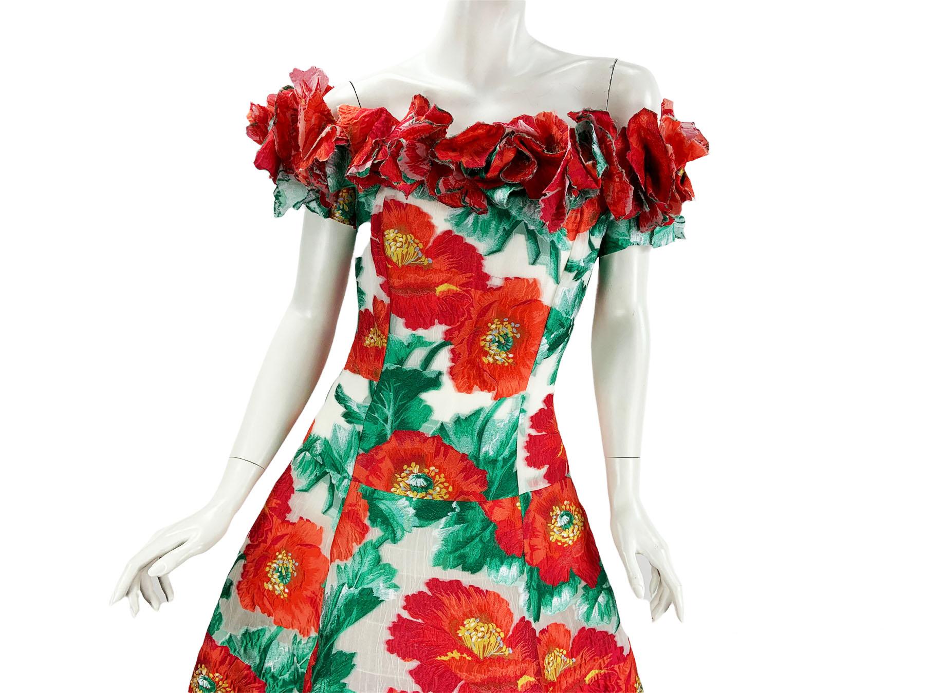 Pink New $12990 Oscar De La Renta Poppy Flowers Off-Shoulder Corset Dress Gown US 6 For Sale