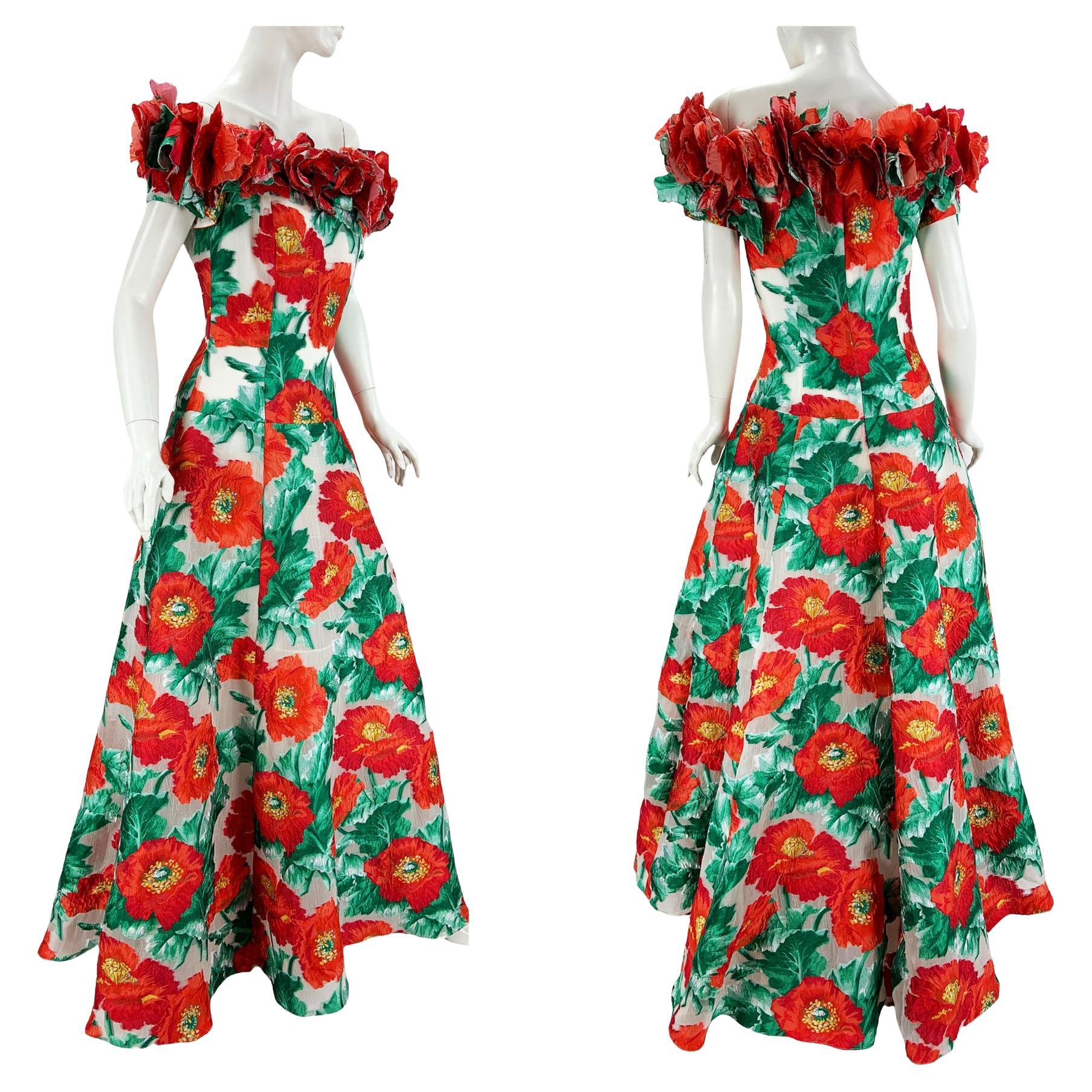 New $12990 Oscar De La Renta Poppy Flowers Off-Shoulder Corset Dress Gown US 6