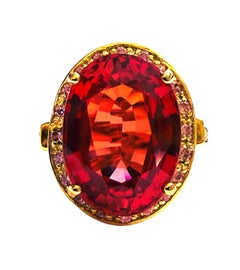 New 13.10 Carat Orange Sunset Sapphire 24K Yellow Gold PL Sterling Ring