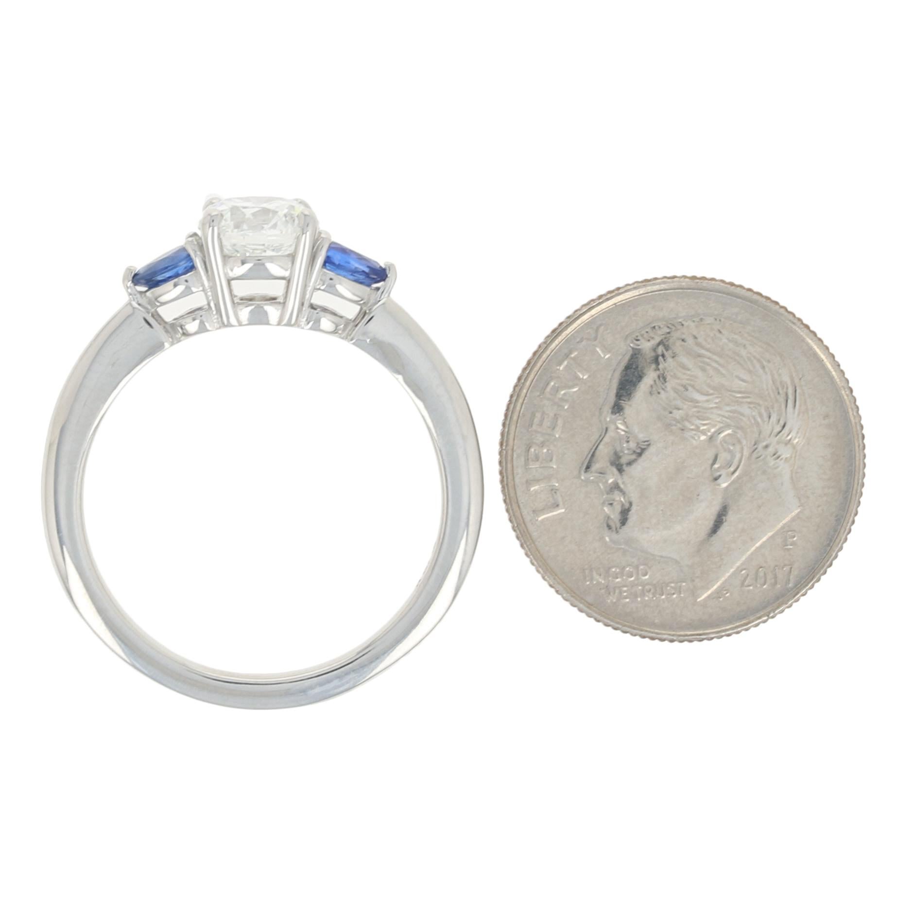 Round Cut 1.31 Carat Round Brilliant Diamond and Sapphire Engagement Ring, Platinum GIA