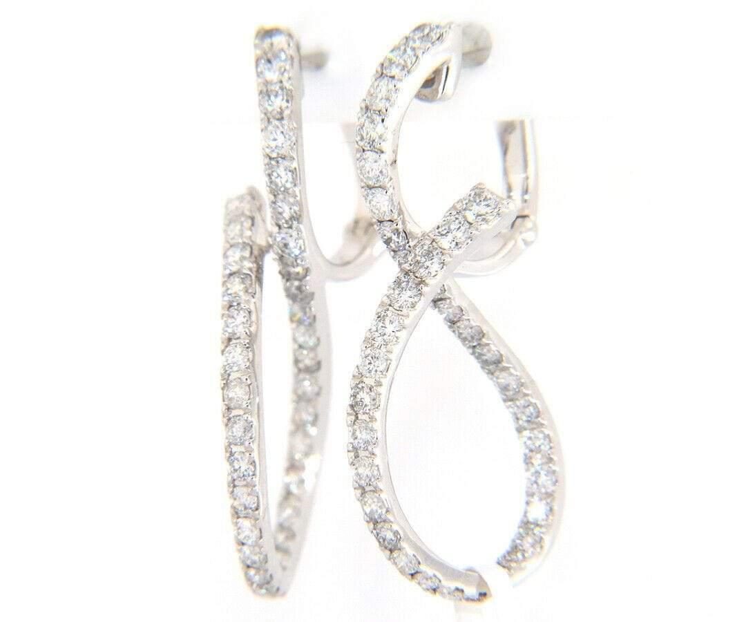 Round Cut New 1.35ctw Diamond Freeform Twist Hoop Earrings in 14K White Gold For Sale