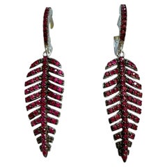 New 1.4 Carat Ruby Pave Leaf 14k White Gold PL Sterling Earrings