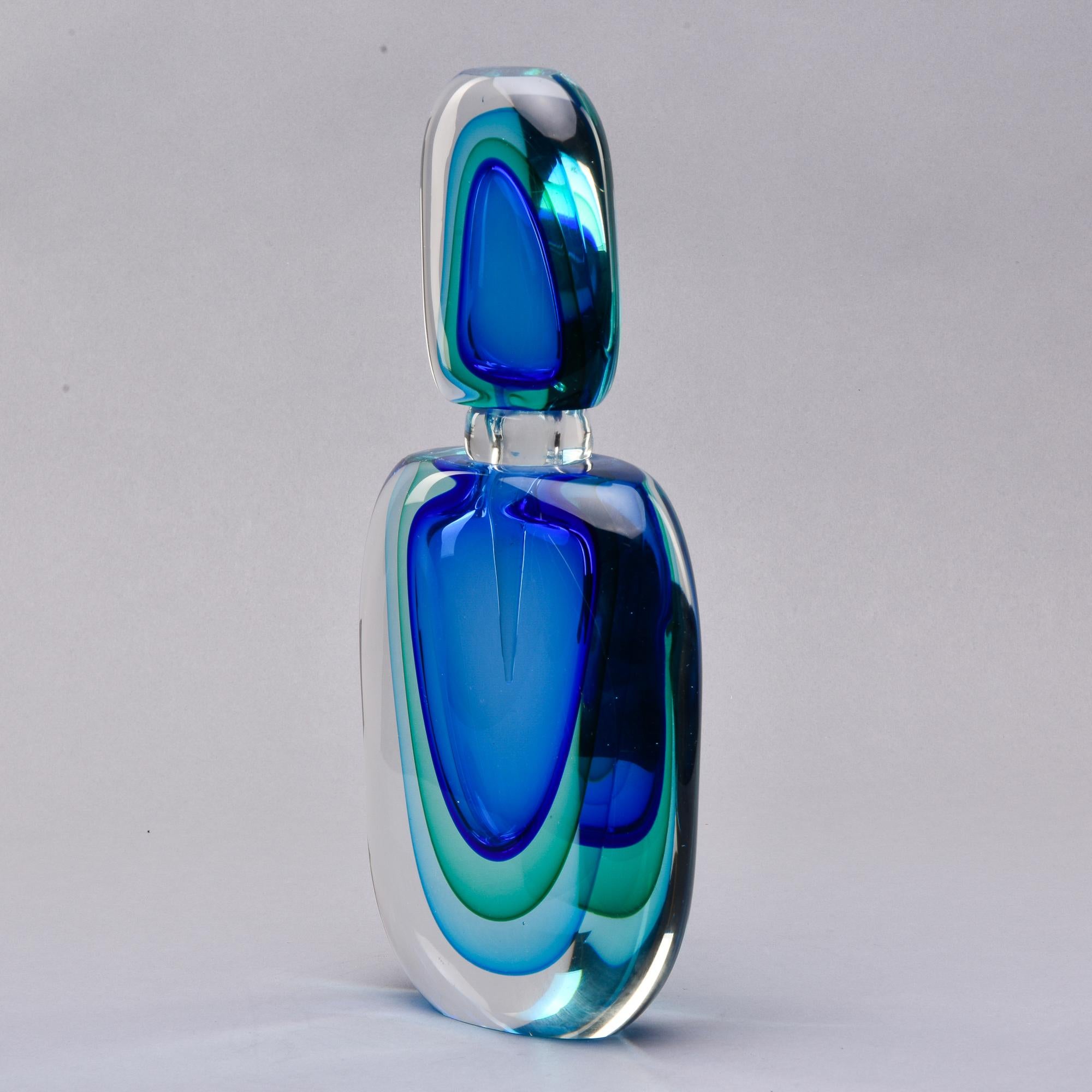 Contemporary New 14” Tall Murano Glass Sommerso Blue and Green Perfume Bottle