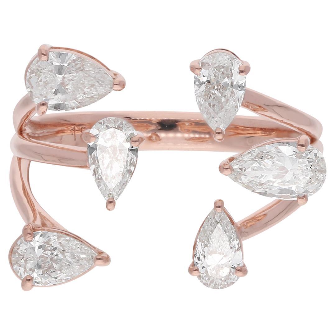 New 1.41ct Pear Shape Diamond Triple Line Cuff Ring 18 Karat Rose Gold Jewelry For Sale