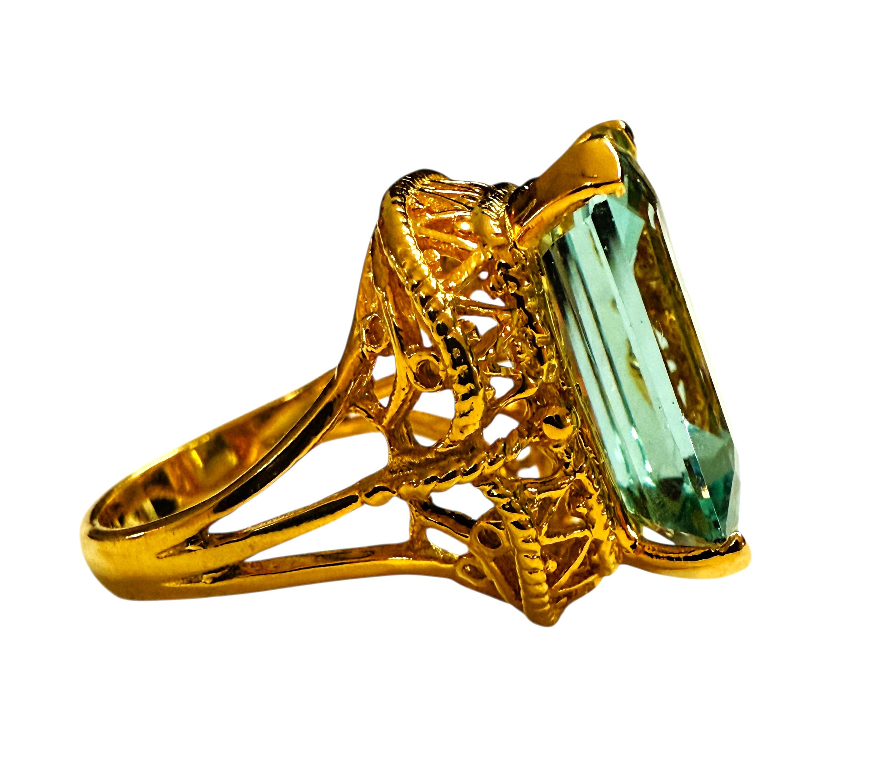 Neu 14,10 Karat Baguetteschliff Aquamarin Gelbgold Pl Sterling Silber Ring Damen im Angebot