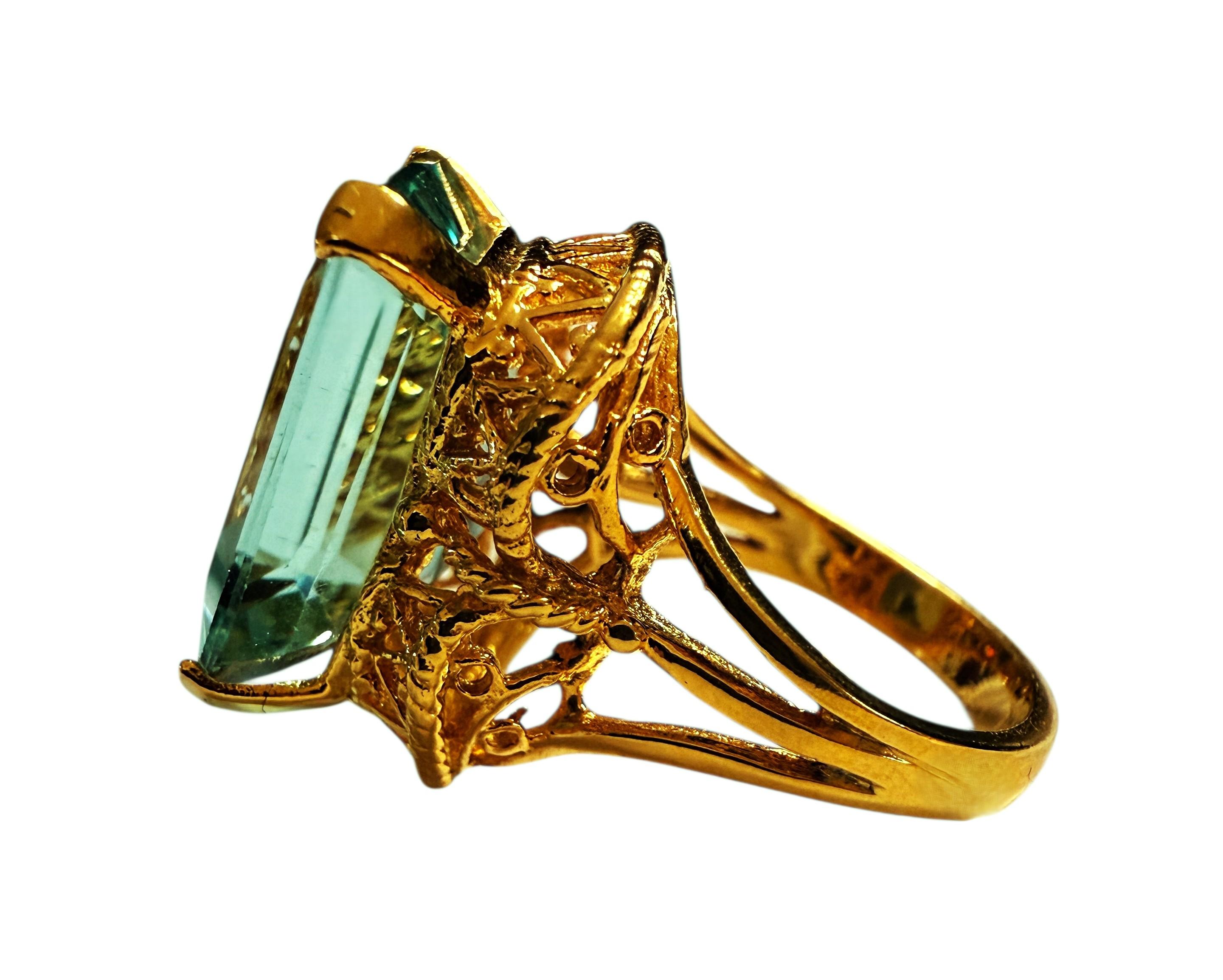 Neu 14,10 Karat Baguetteschliff Aquamarin Gelbgold Pl Sterling Silber Ring im Angebot 2