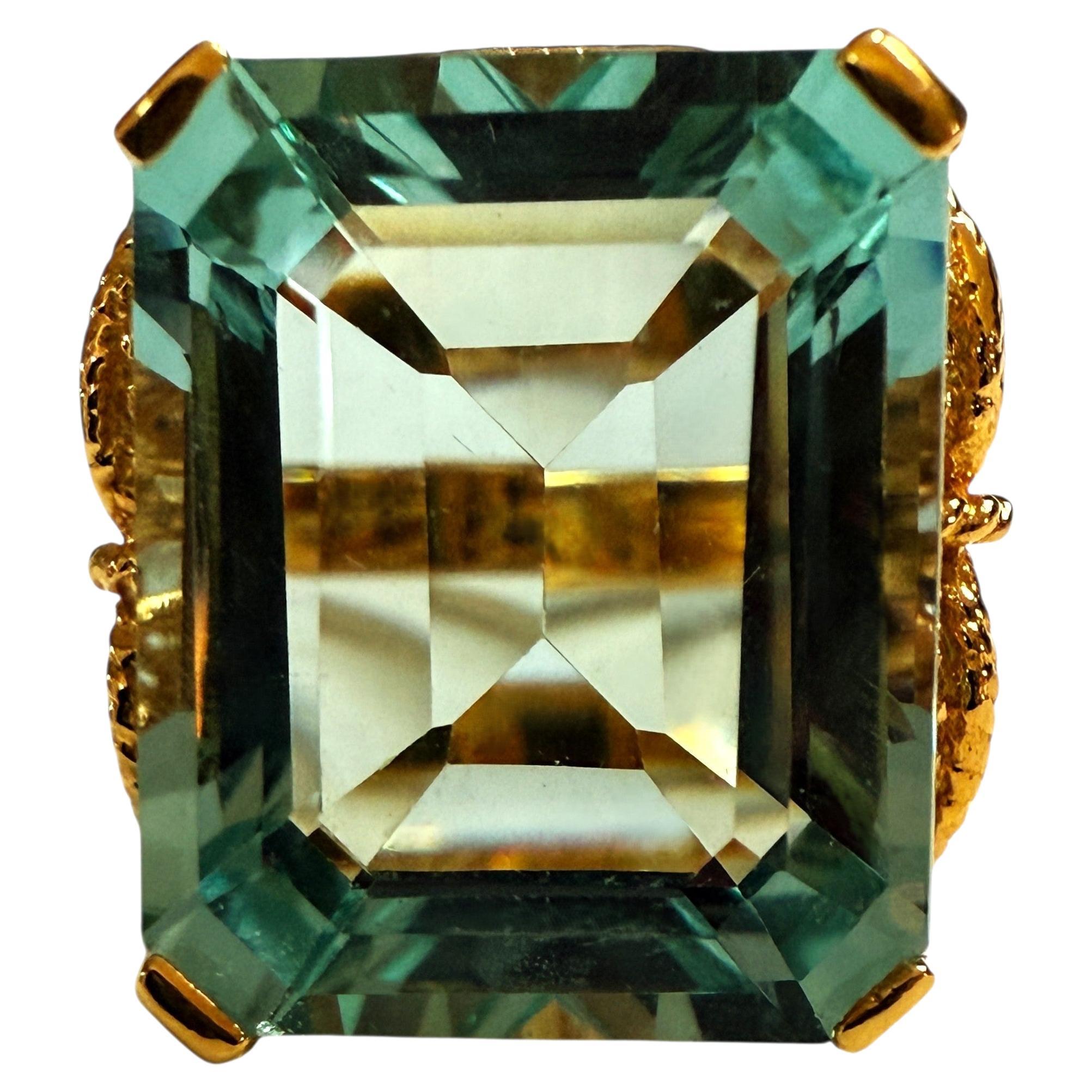 Neu 14,10 Karat Baguetteschliff Aquamarin Gelbgold Pl Sterling Silber Ring