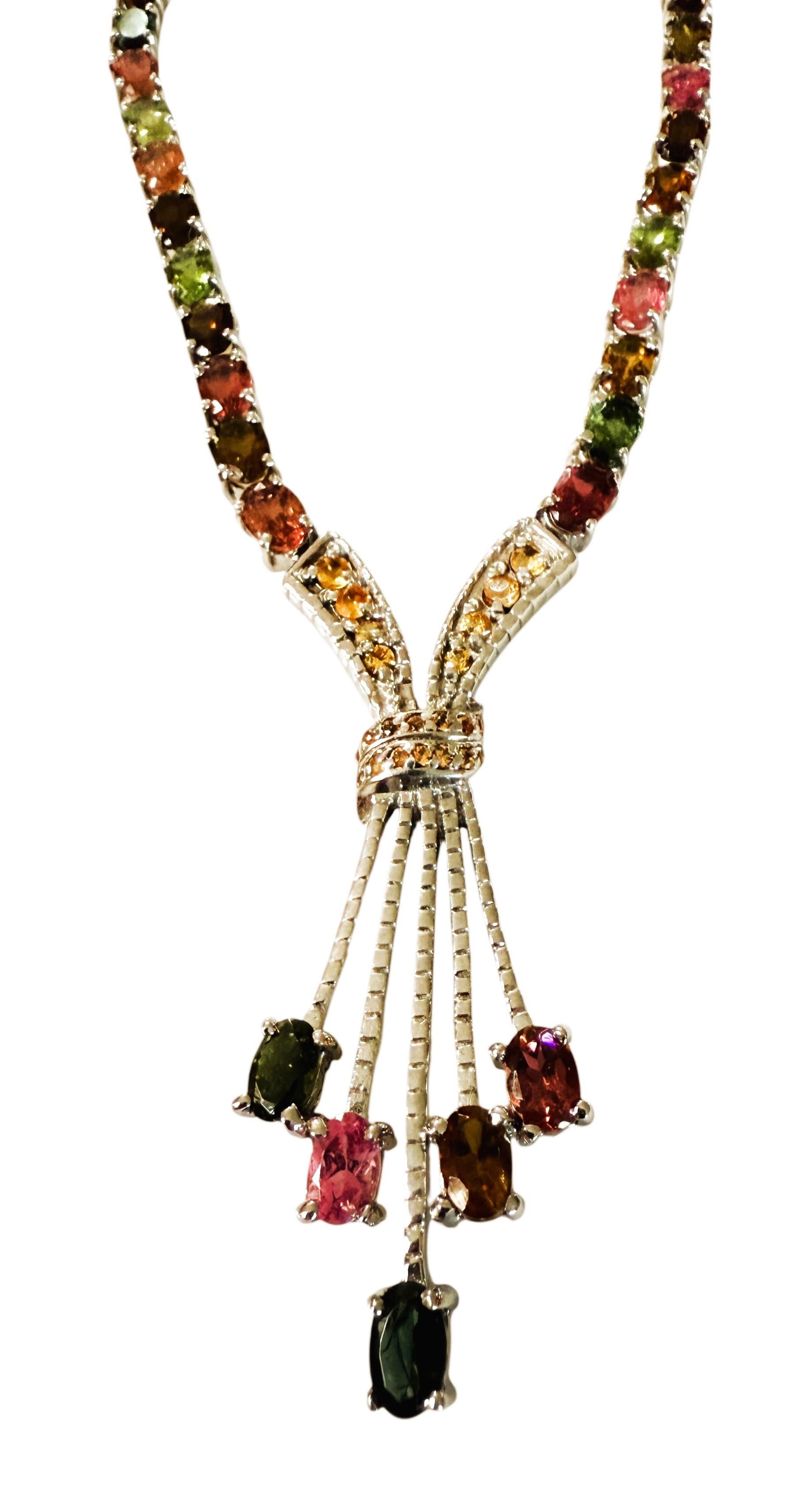 New 14.2 Carats Multi-Color Tourmaline & Diamond cut Sapphire Sterling Necklace For Sale 4