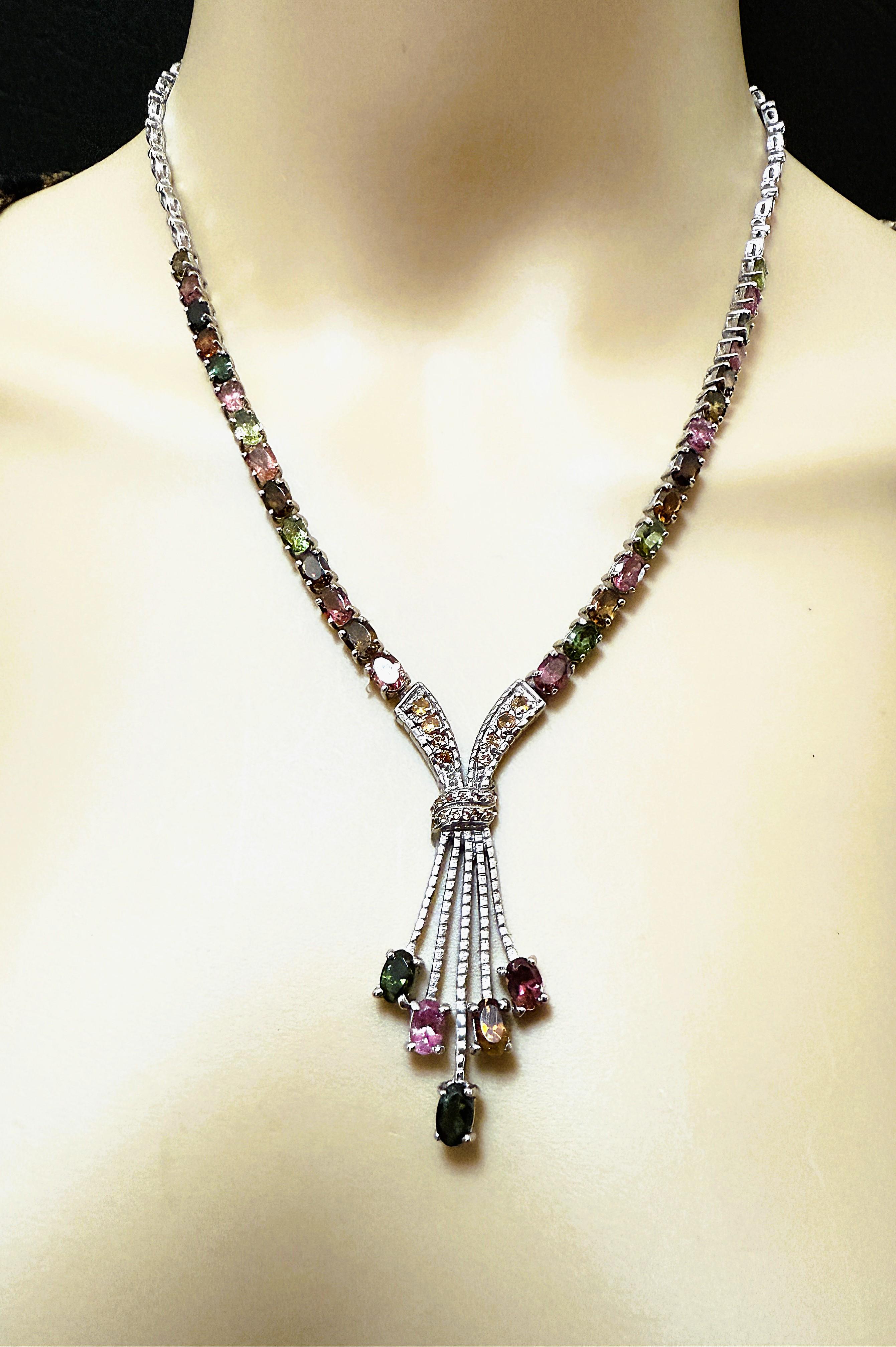 Art Deco New 14.2 Carats Multi-Color Tourmaline & Diamond cut Sapphire Sterling Necklace For Sale