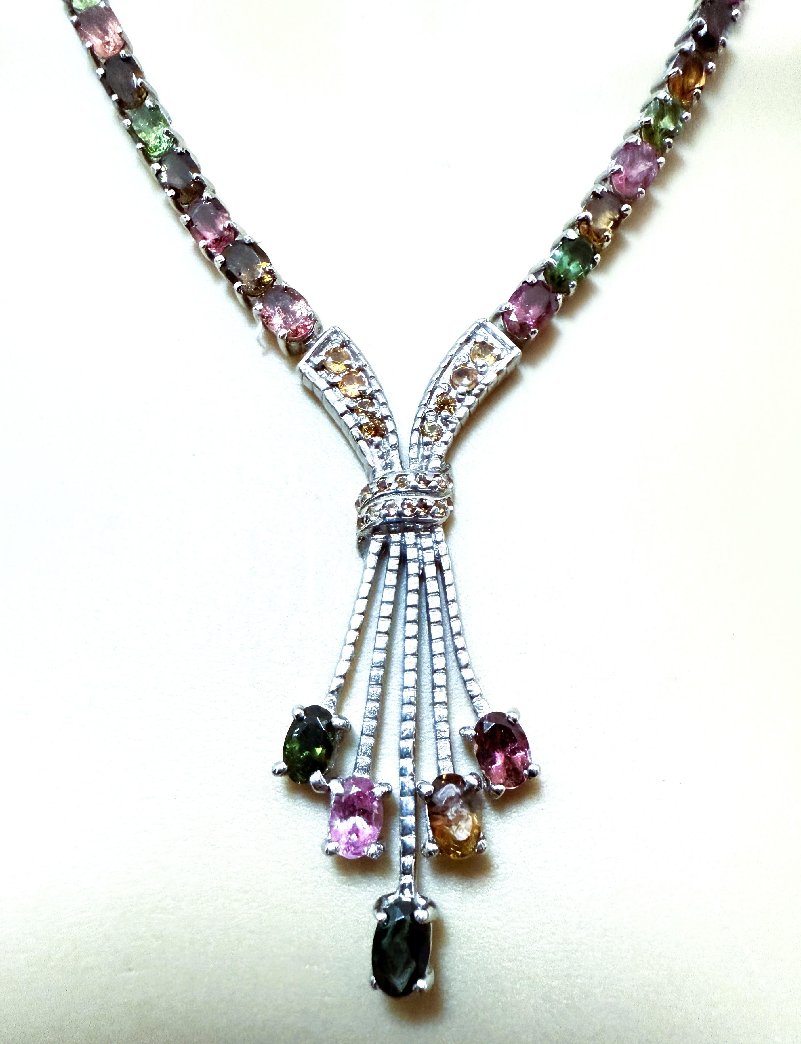 Oval Cut New 14.2 Carats Multi-Color Tourmaline & Diamond cut Sapphire Sterling Necklace For Sale