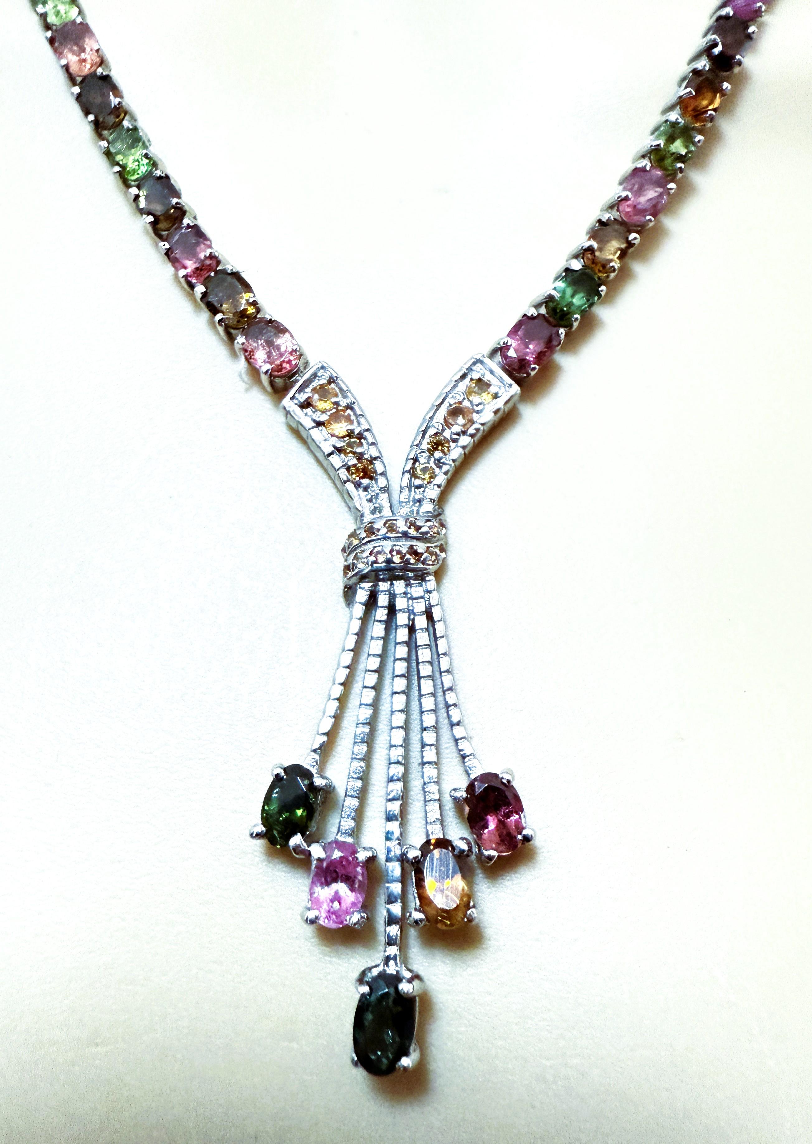 New 14.2 Carats Multi-Color Tourmaline & Diamond cut Sapphire Sterling Necklace In New Condition For Sale In Eagan, MN