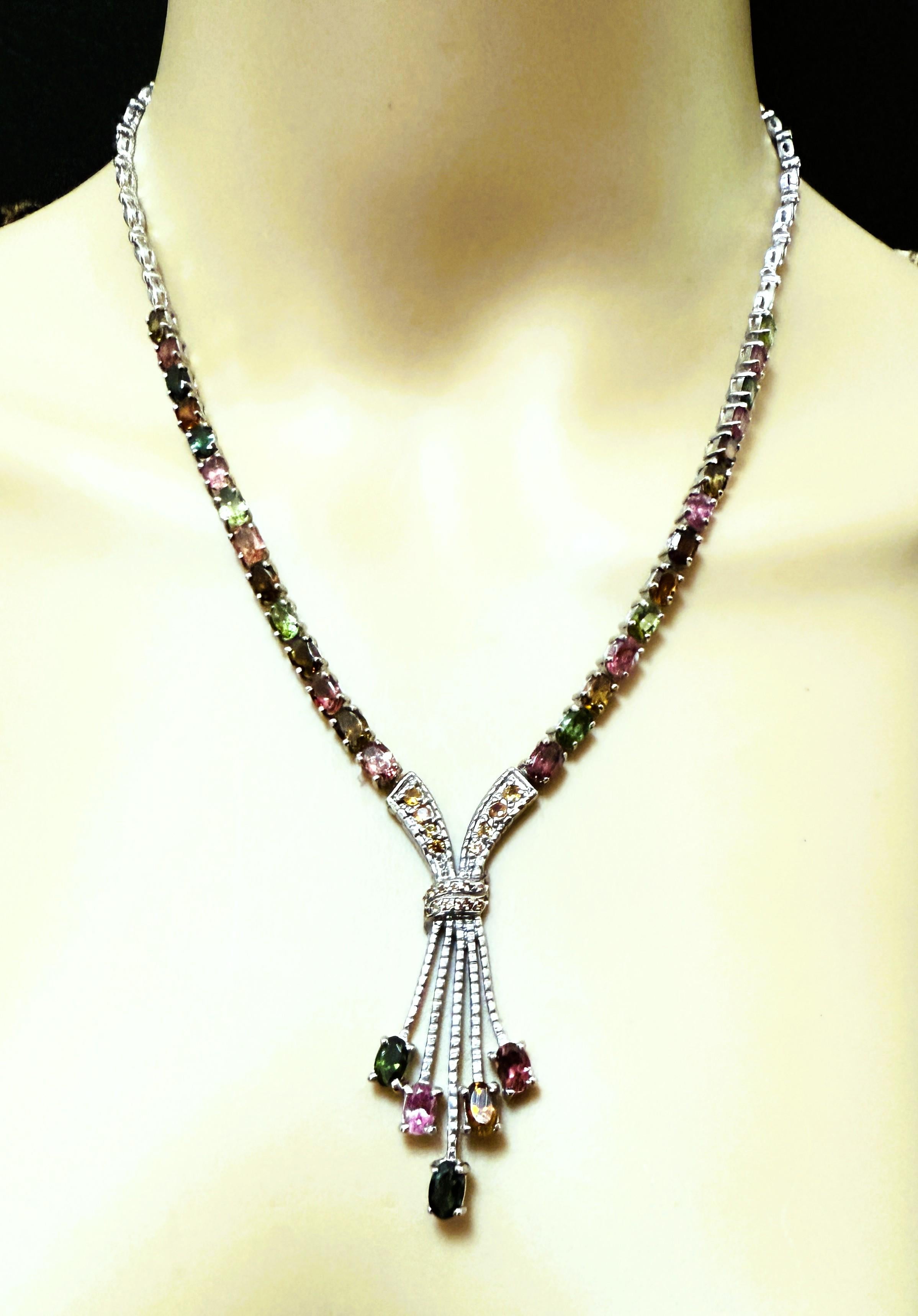 Women's New 14.2 Carats Multi-Color Tourmaline & Diamond cut Sapphire Sterling Necklace For Sale