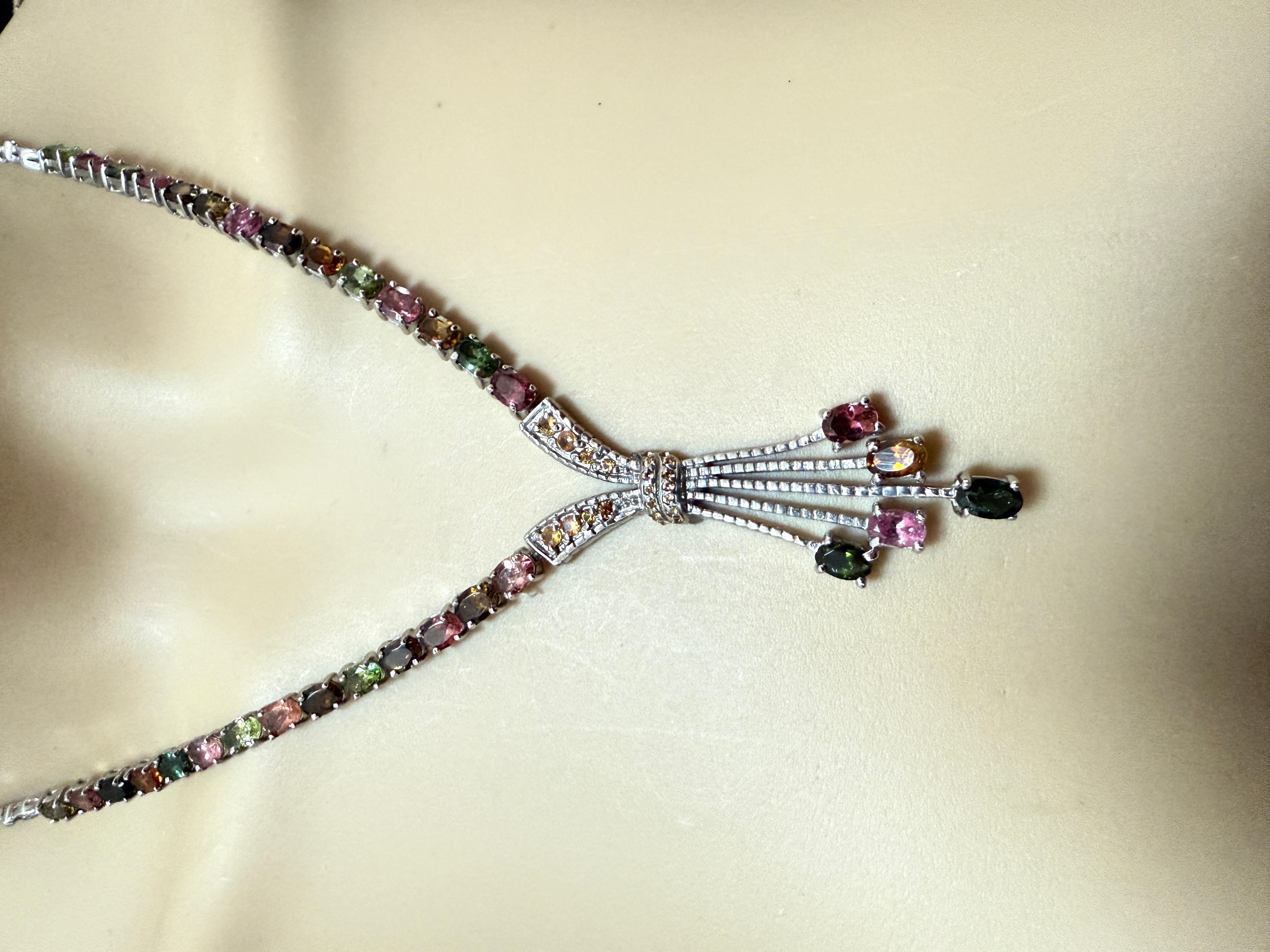 New 14.2 Carats Multi-Color Tourmaline & Diamond cut Sapphire Sterling Necklace For Sale 1