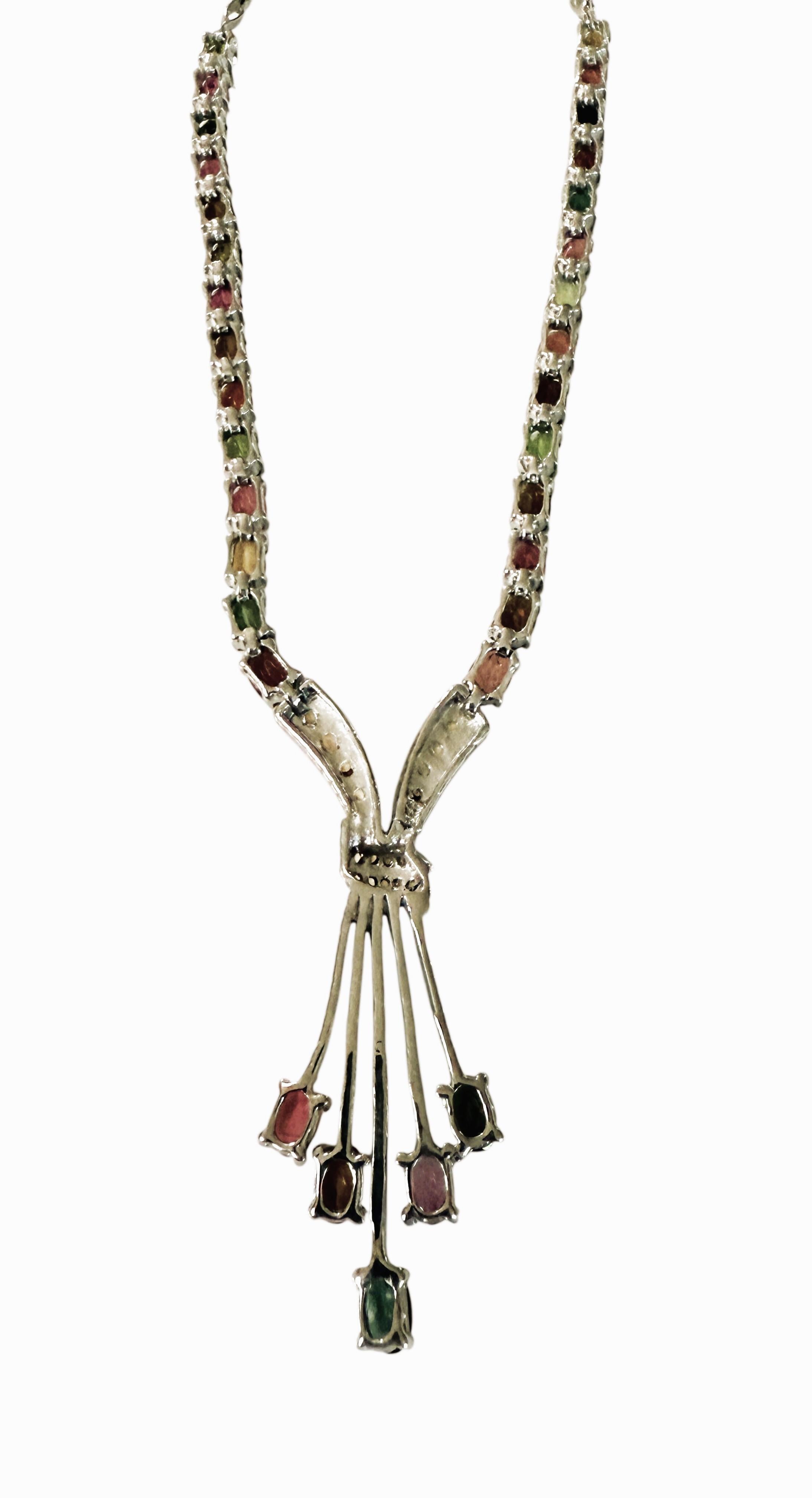 New 14.2 Carats Multi-Color Tourmaline & Diamond cut Sapphire Sterling Necklace For Sale 3