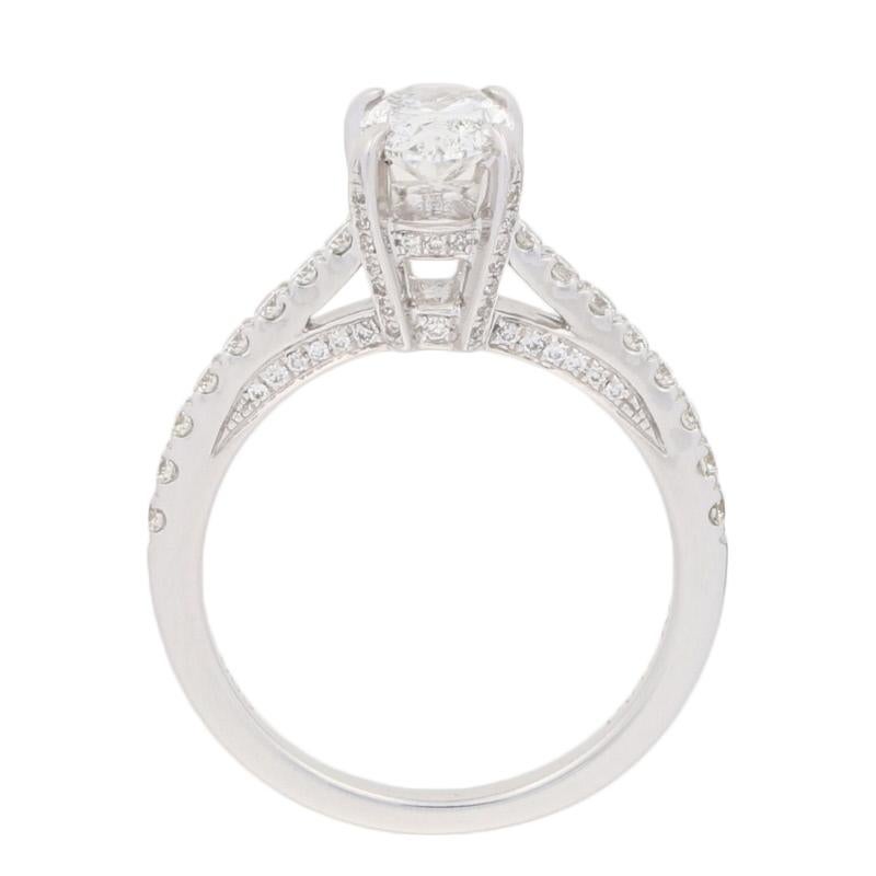 1.42 Carat Oval Cut Diamond Engagement Ring, 14 Karat White Gold IGI Cathedral In New Condition In Greensboro, NC