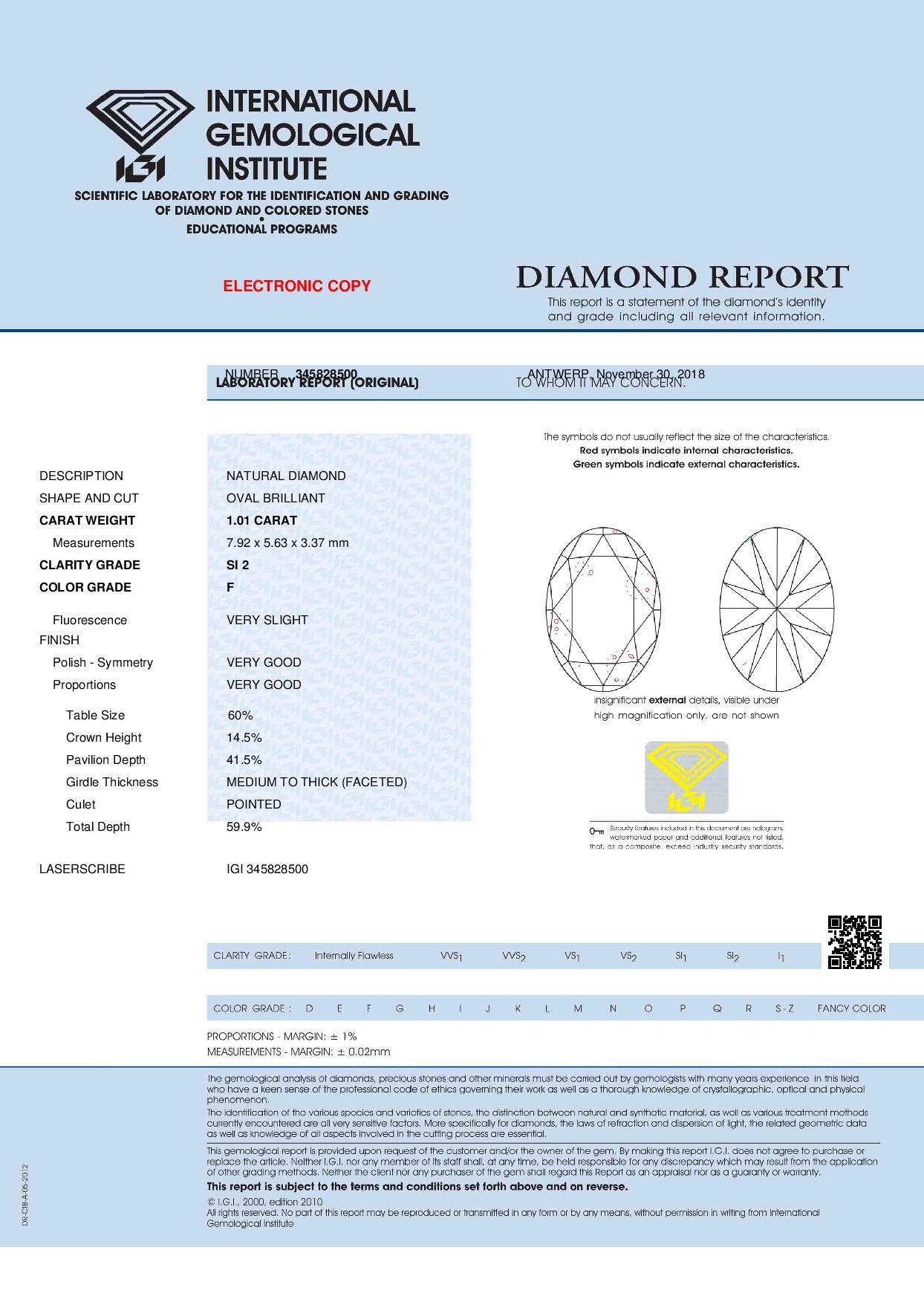 1.42 Carat Oval Cut Diamond Engagement Ring, 14 Karat White Gold IGI Cathedral 3